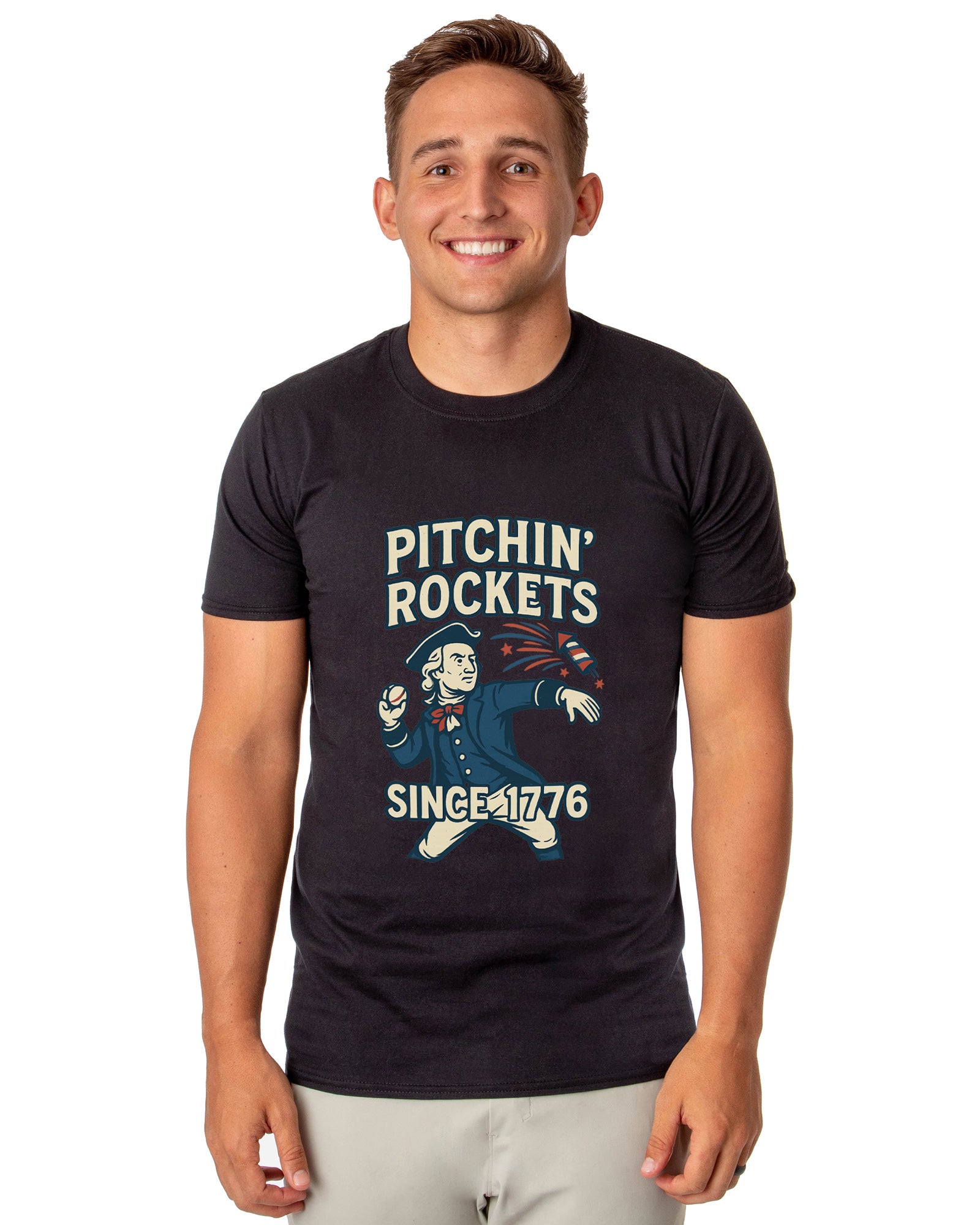 Patriotic T-Shirt Men's George Washington Pitchin' Rockets Since 1776 Adult USA Tee