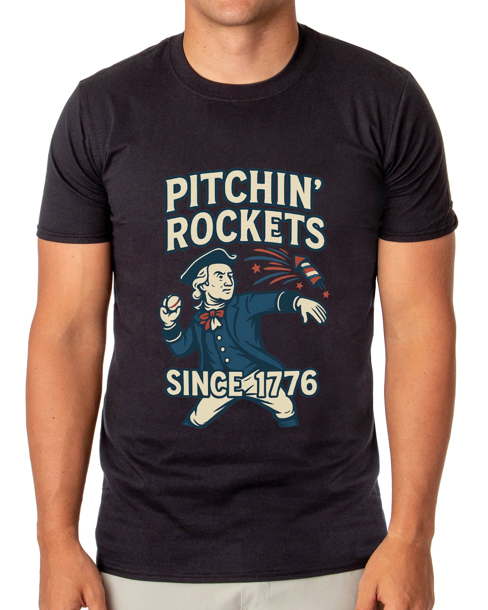 Patriotic T-Shirt Men's George Washington Pitchin' Rockets Since 1776 Adult USA Tee