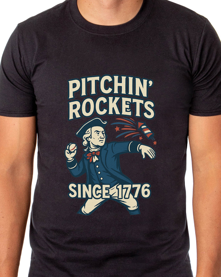Patriotic T-Shirt Men's George Washington Pitchin' Rockets Since 1776 Adult USA Tee