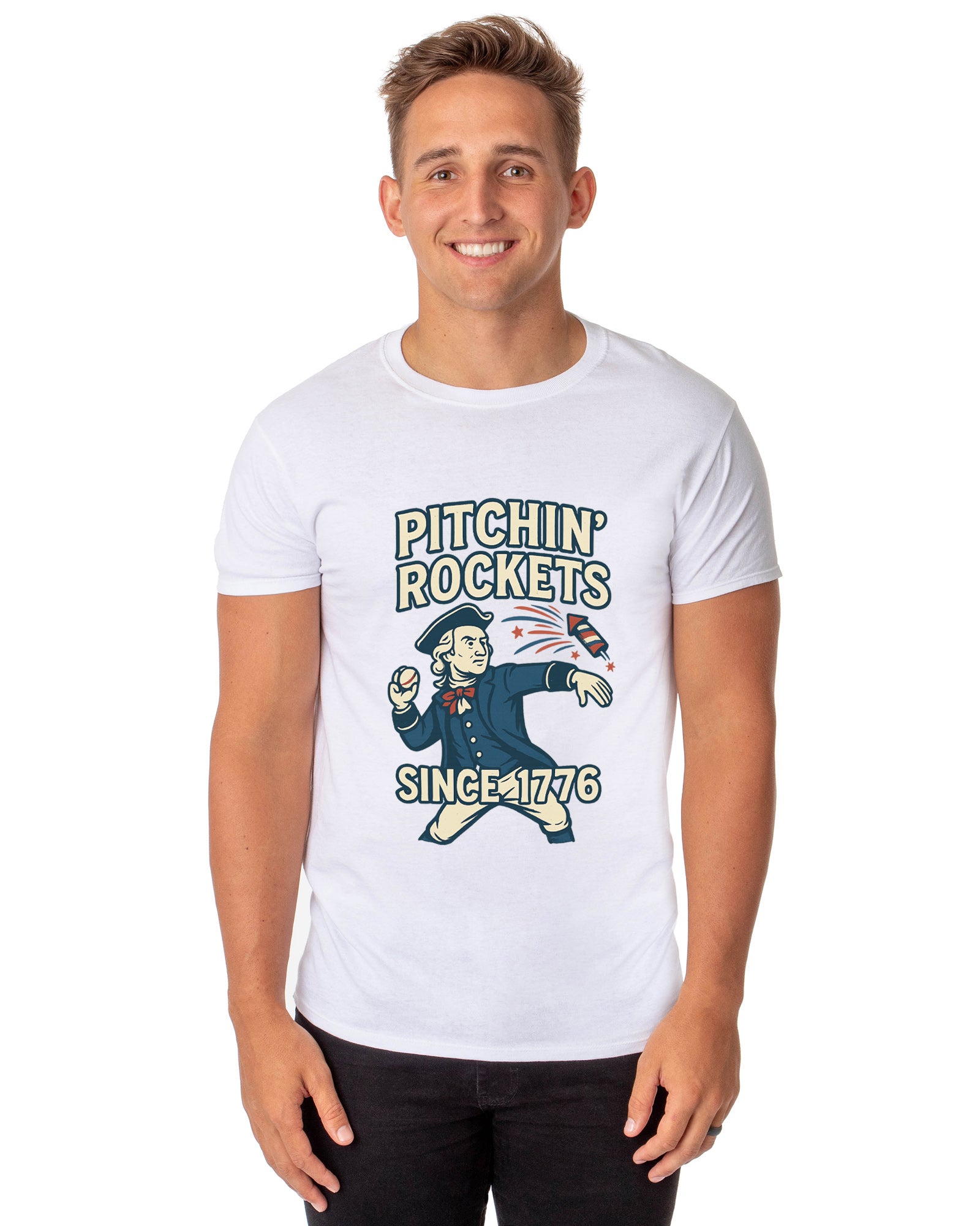 Patriotic T-Shirt Men's George Washington Pitchin' Rockets Since 1776 Adult USA Tee