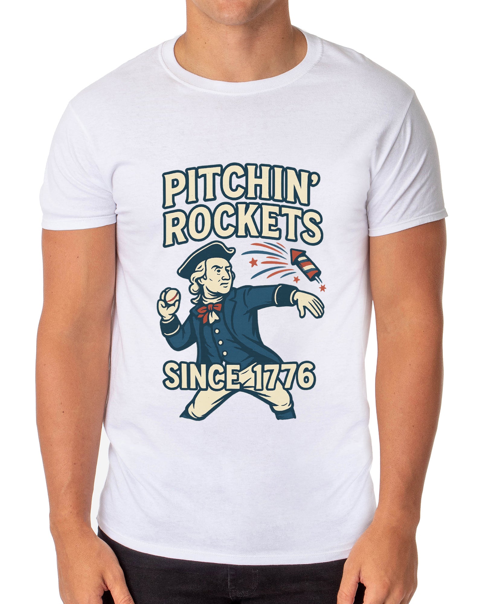 Patriotic T-Shirt Men's George Washington Pitchin' Rockets Since 1776 Adult USA Tee