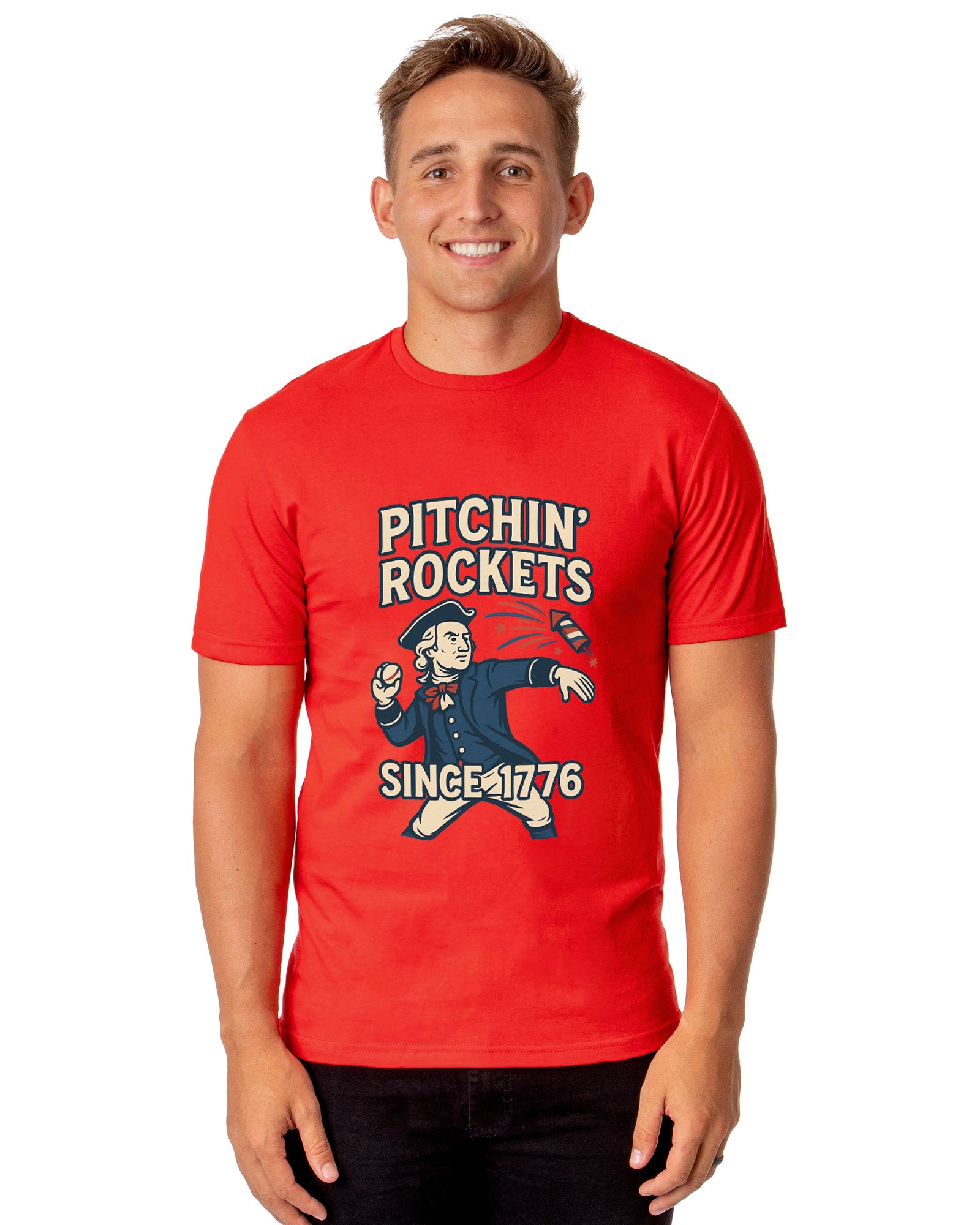 Patriotic T-Shirt Men's George Washington Pitchin' Rockets Since 1776 Adult USA Tee