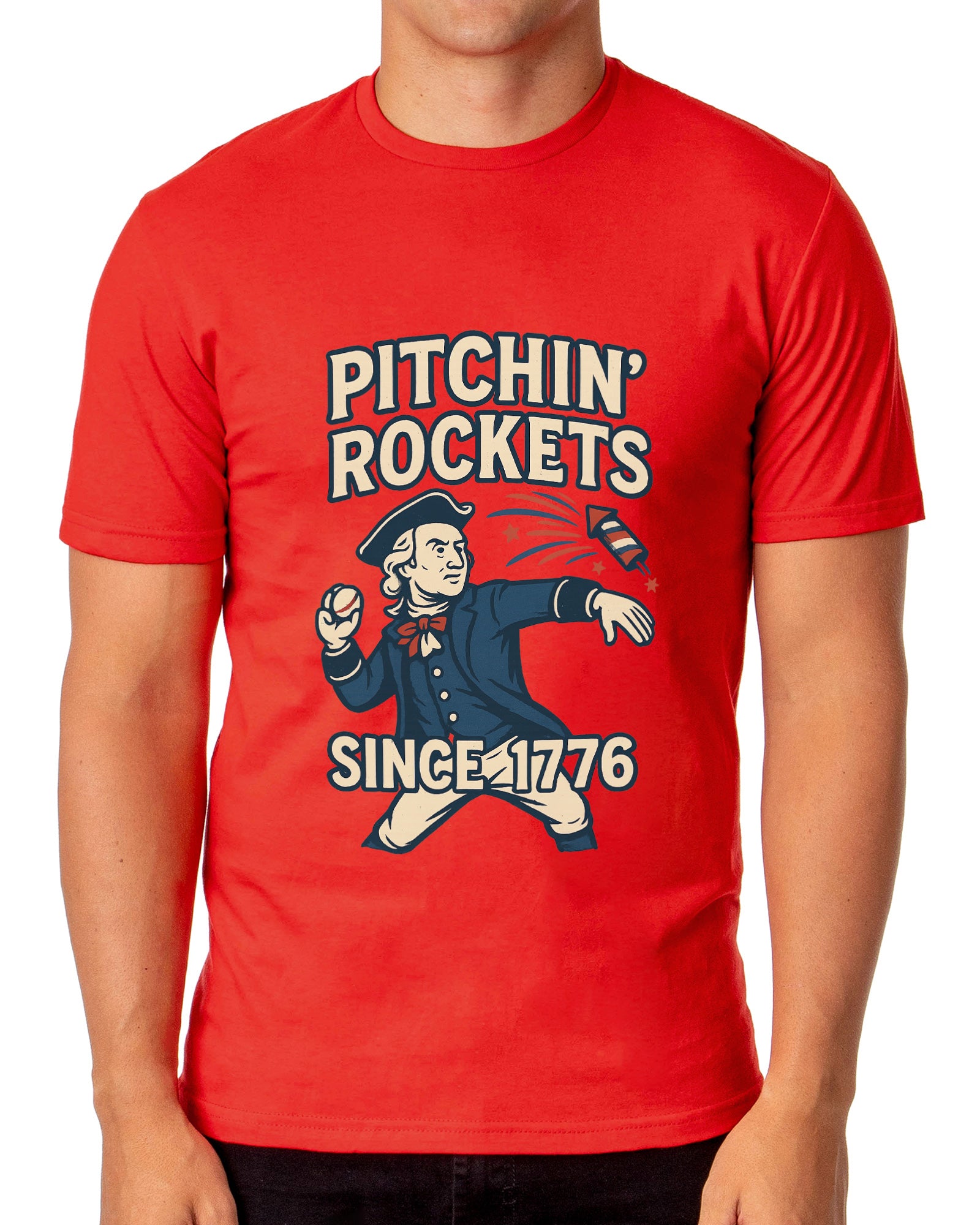 Patriotic T-Shirt Men's George Washington Pitchin' Rockets Since 1776 Adult USA Tee