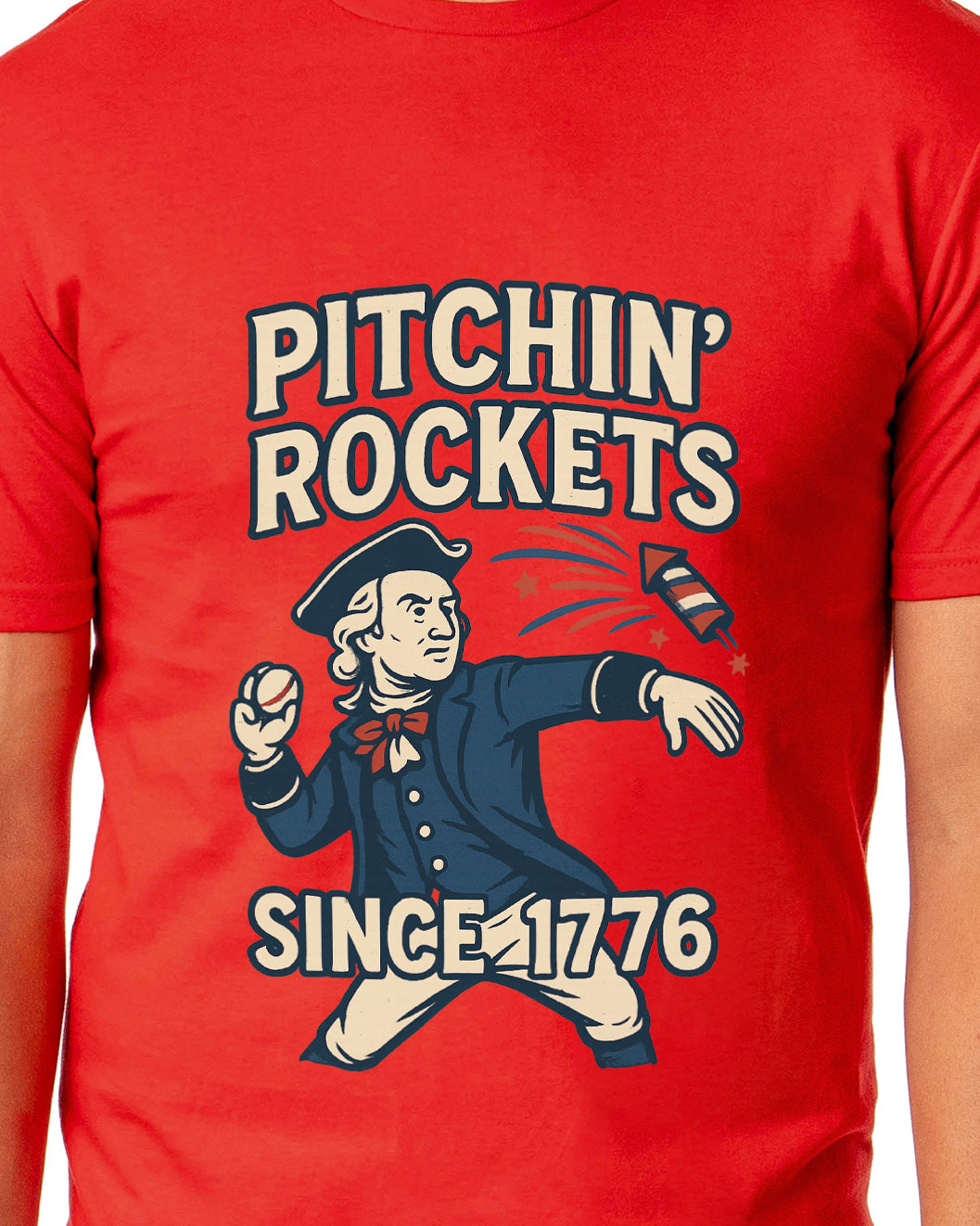 Patriotic T-Shirt Men's George Washington Pitchin' Rockets Since 1776 Adult USA Tee