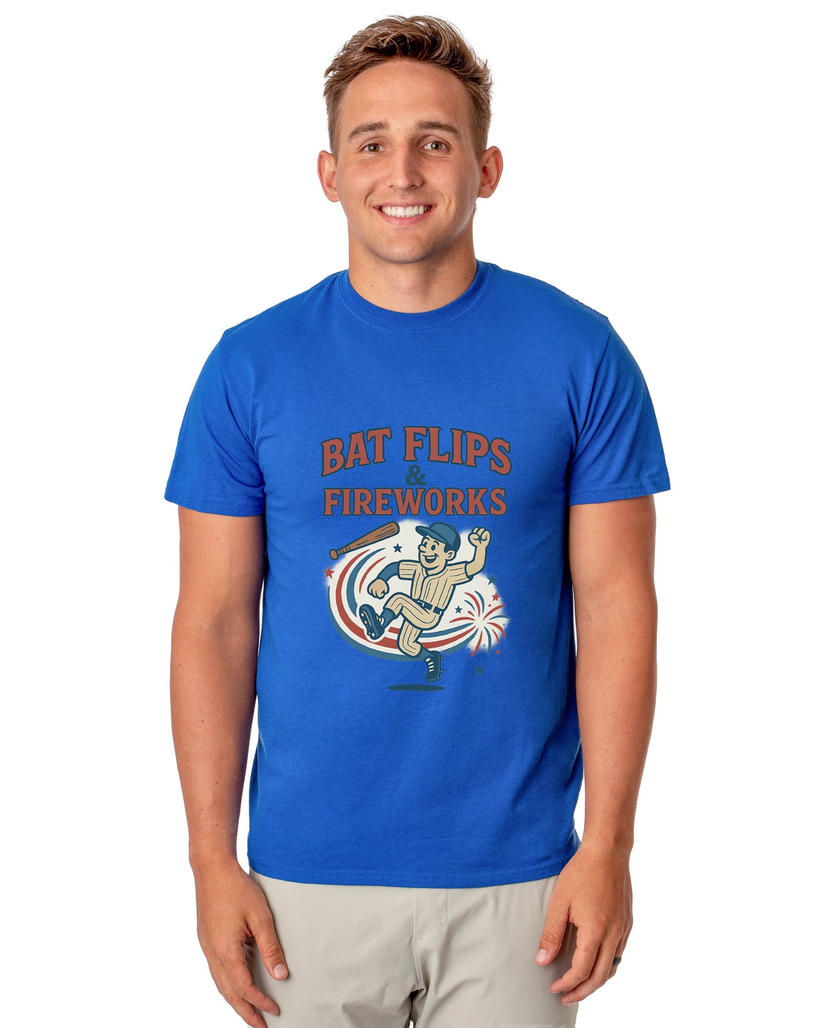 Baseball American Pastime T-Shirt Men's Bat Flips and Fireworks Patriotic USA Tee