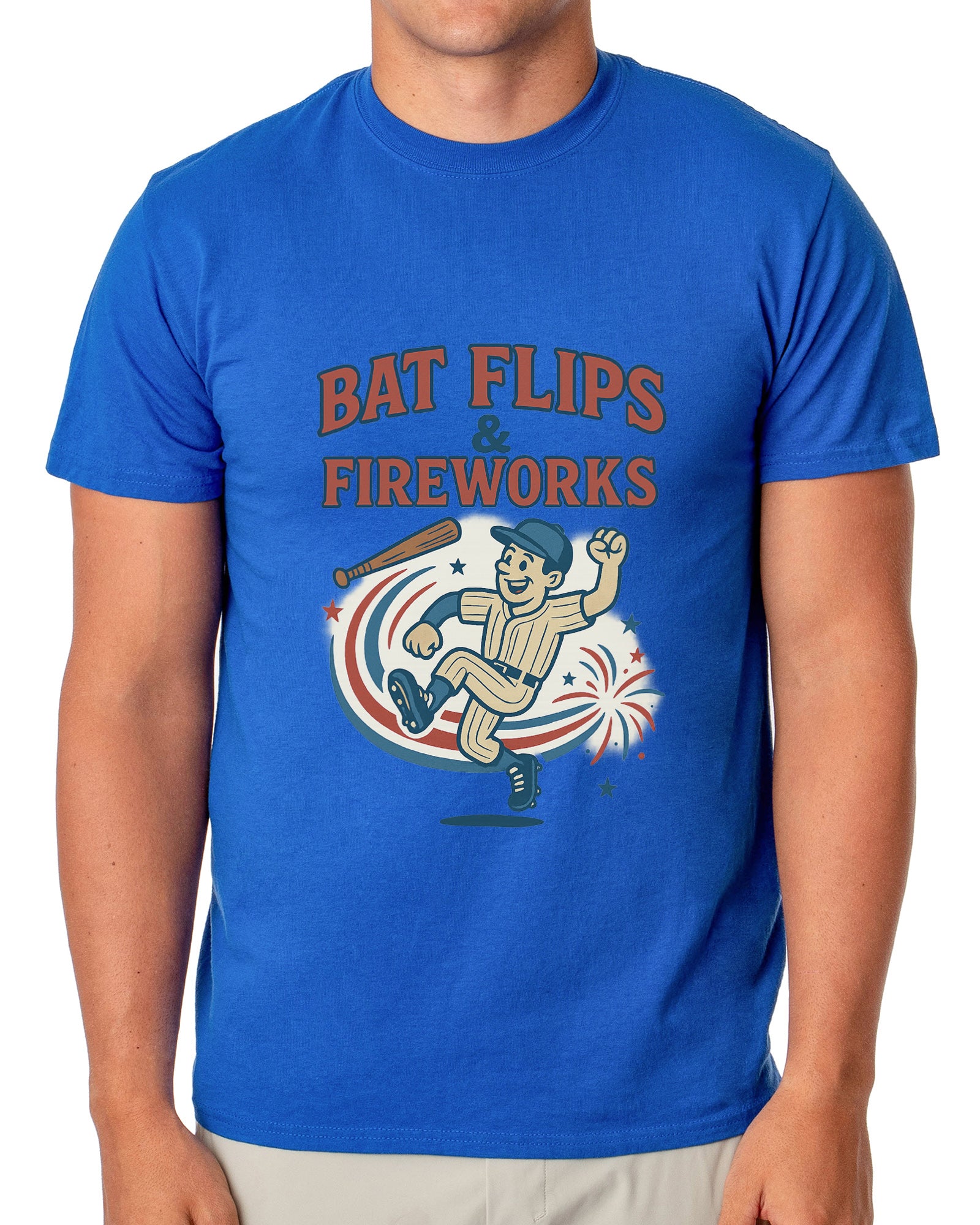 Baseball American Pastime T-Shirt Men's Bat Flips and Fireworks Patriotic USA Tee