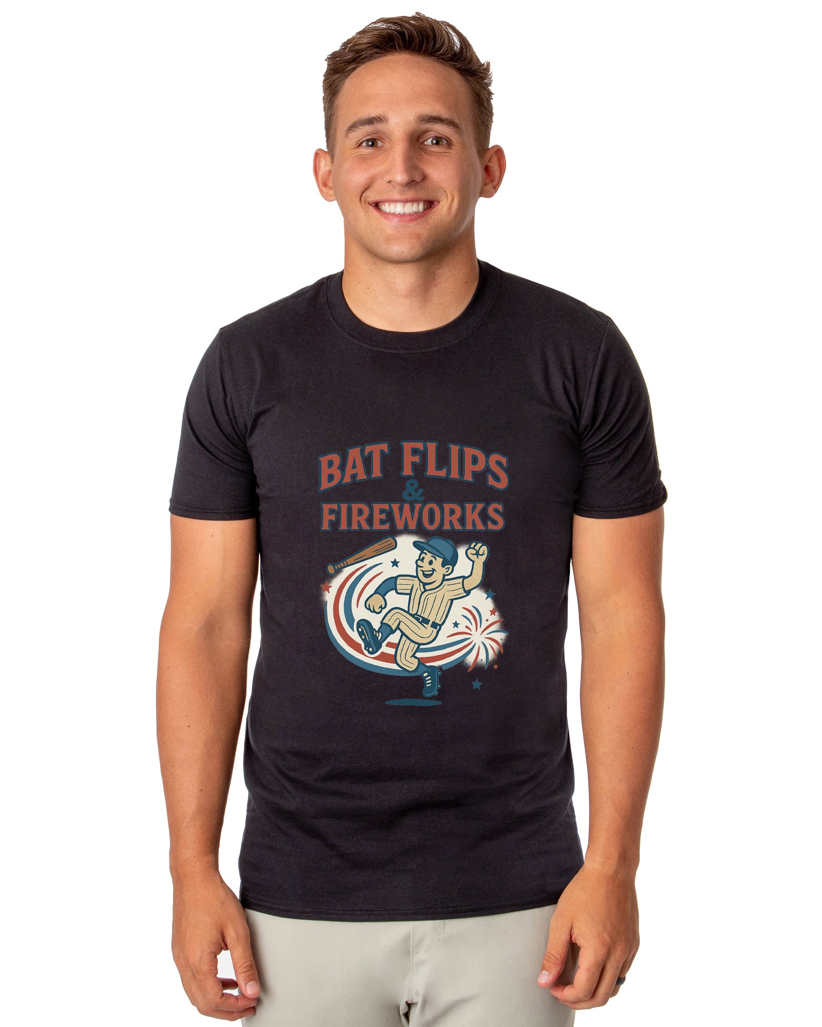 Baseball American Pastime T-Shirt Men's Bat Flips and Fireworks Patriotic USA Tee