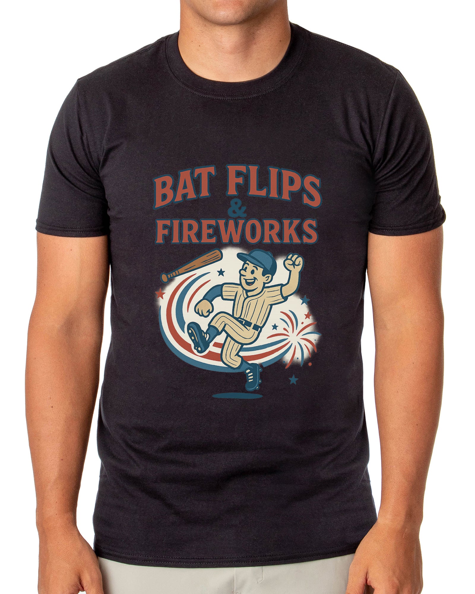 Baseball American Pastime T-Shirt Men's Bat Flips and Fireworks Patriotic USA Tee