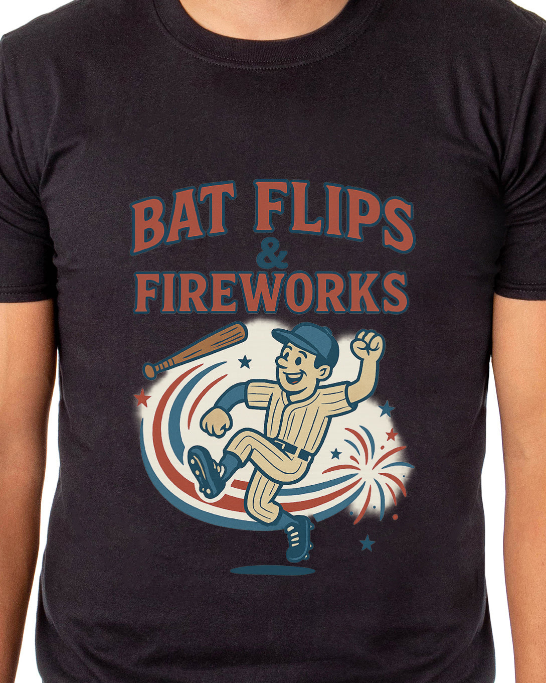 Baseball American Pastime T-Shirt Men's Bat Flips and Fireworks Patriotic USA Tee