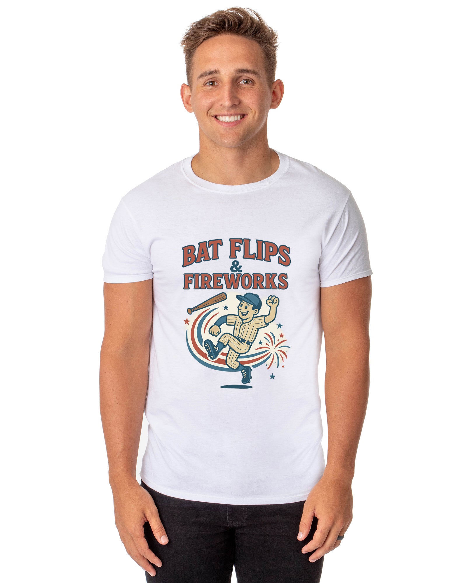 Baseball American Pastime T-Shirt Men's Bat Flips and Fireworks Patriotic USA Tee