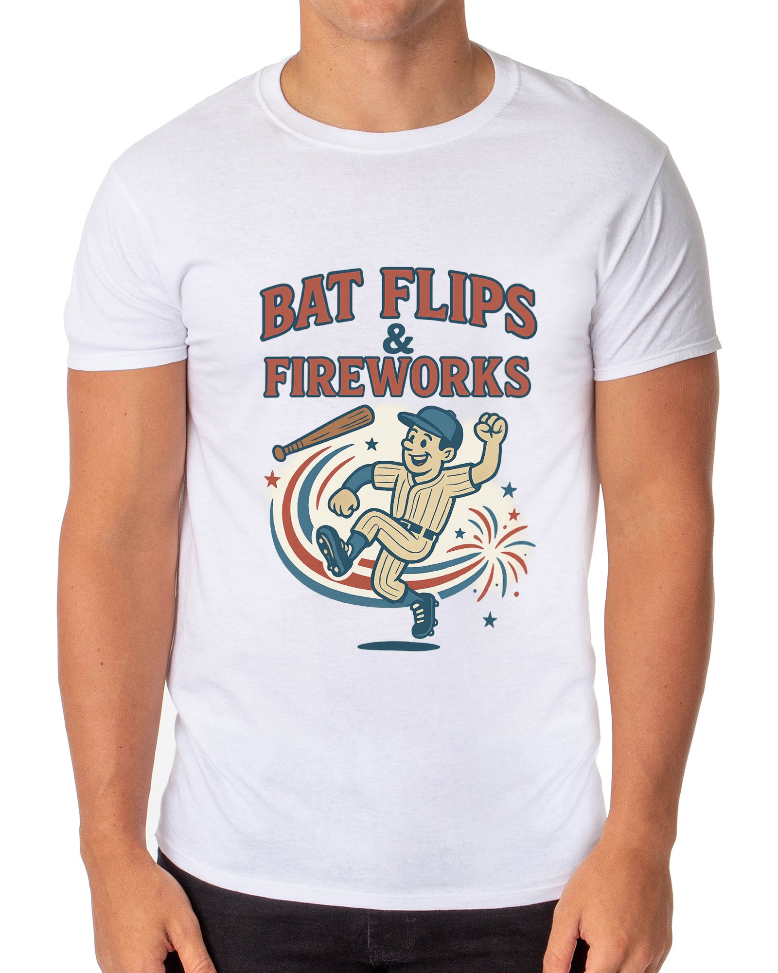 Baseball American Pastime T-Shirt Men's Bat Flips and Fireworks Patriotic USA Tee