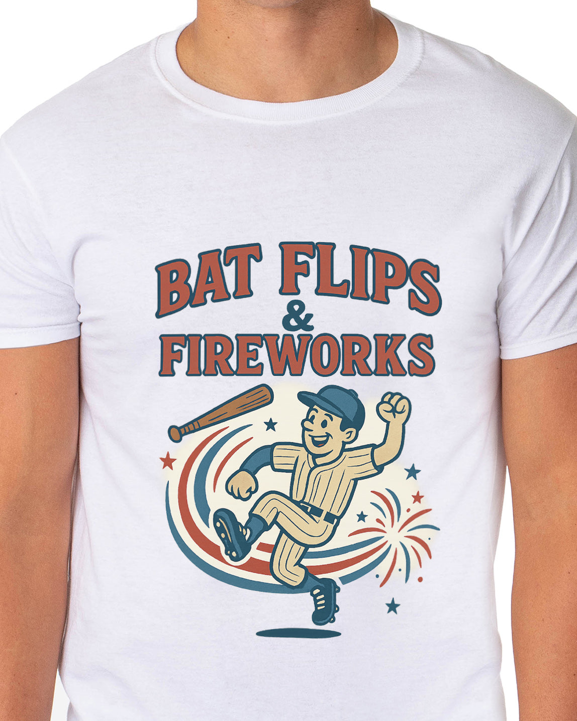Baseball American Pastime T-Shirt Men's Bat Flips and Fireworks Patriotic USA Tee