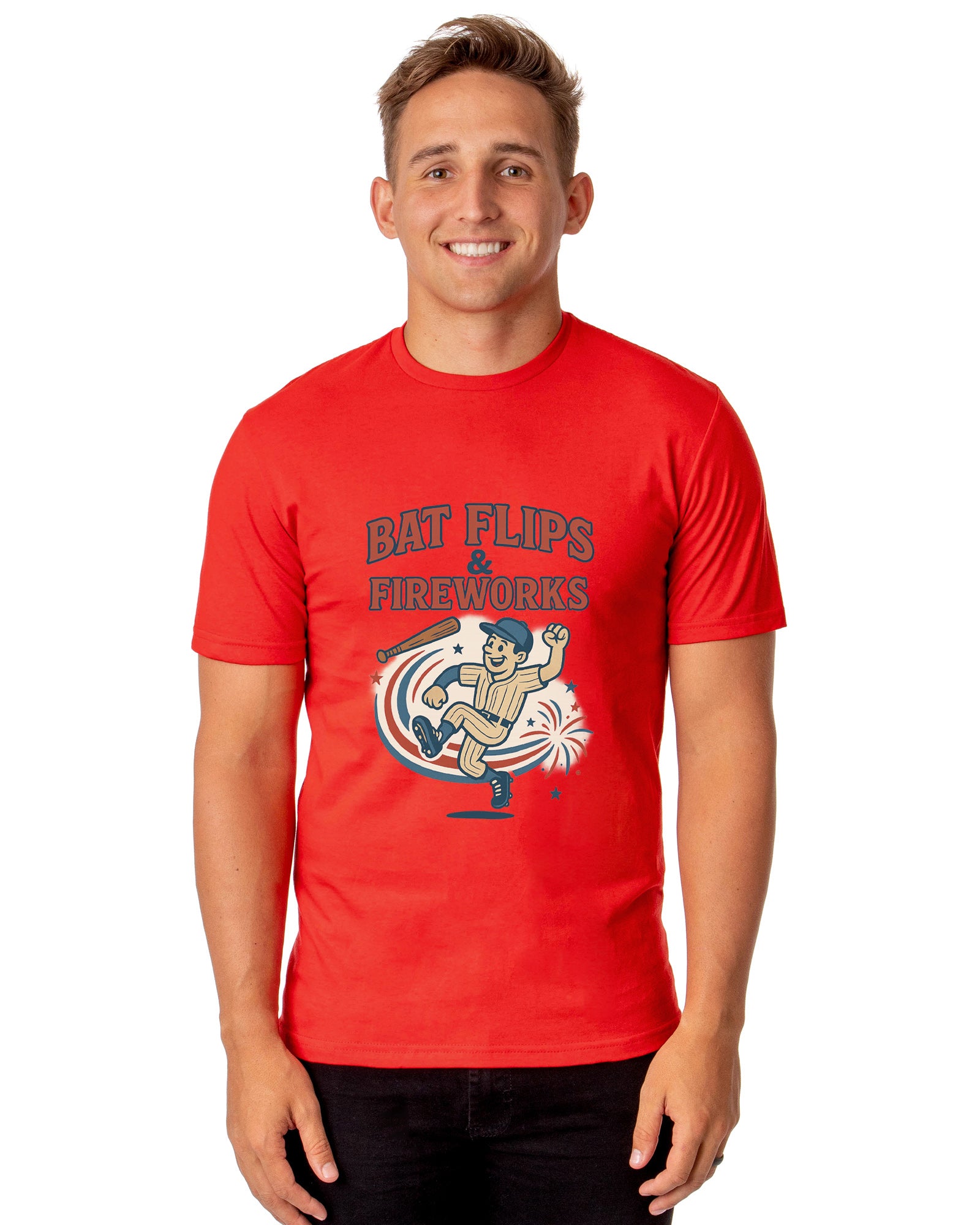 Baseball American Pastime T-Shirt Men's Bat Flips and Fireworks Patriotic USA Tee
