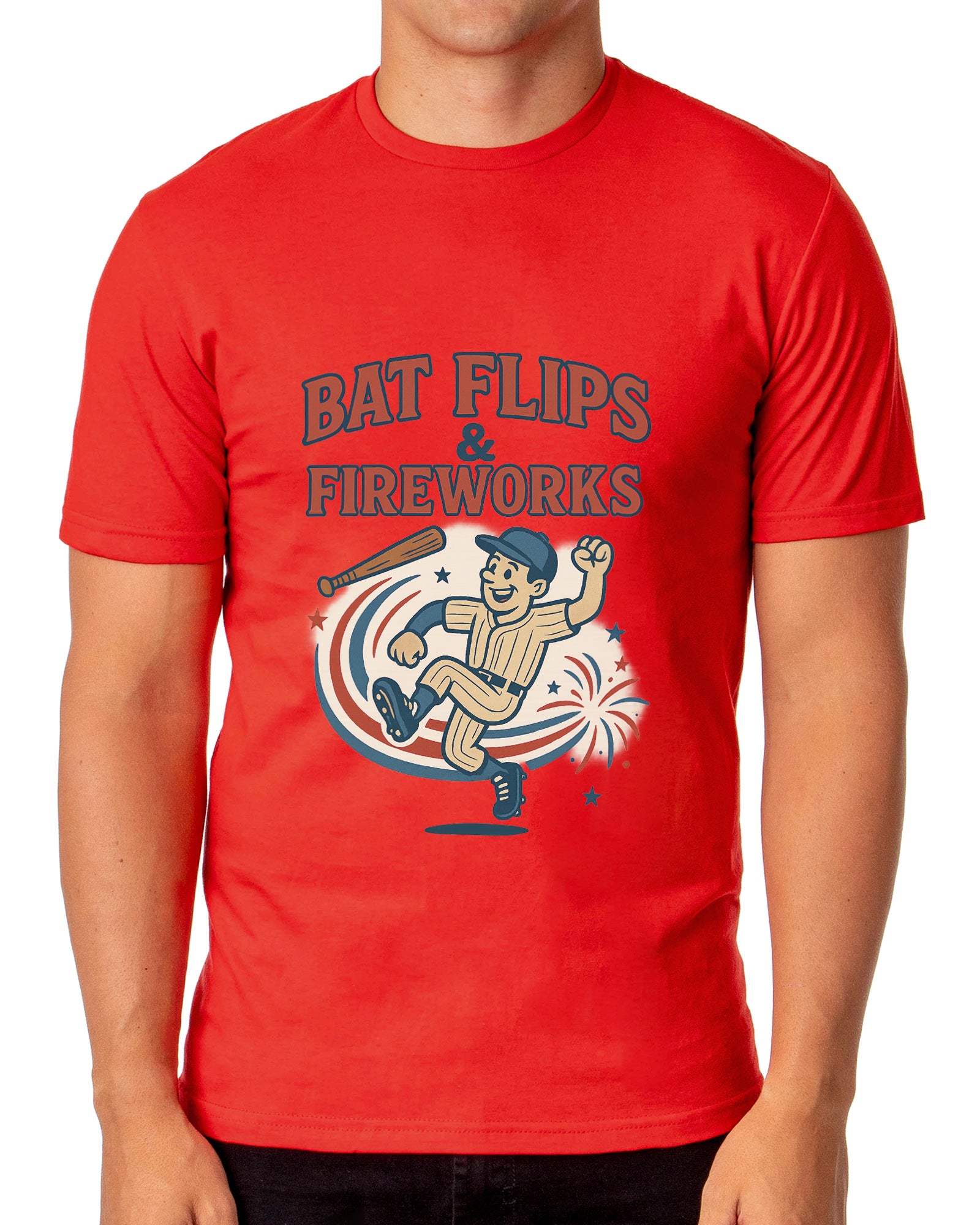 Baseball American Pastime T-Shirt Men's Bat Flips and Fireworks Patriotic USA Tee
