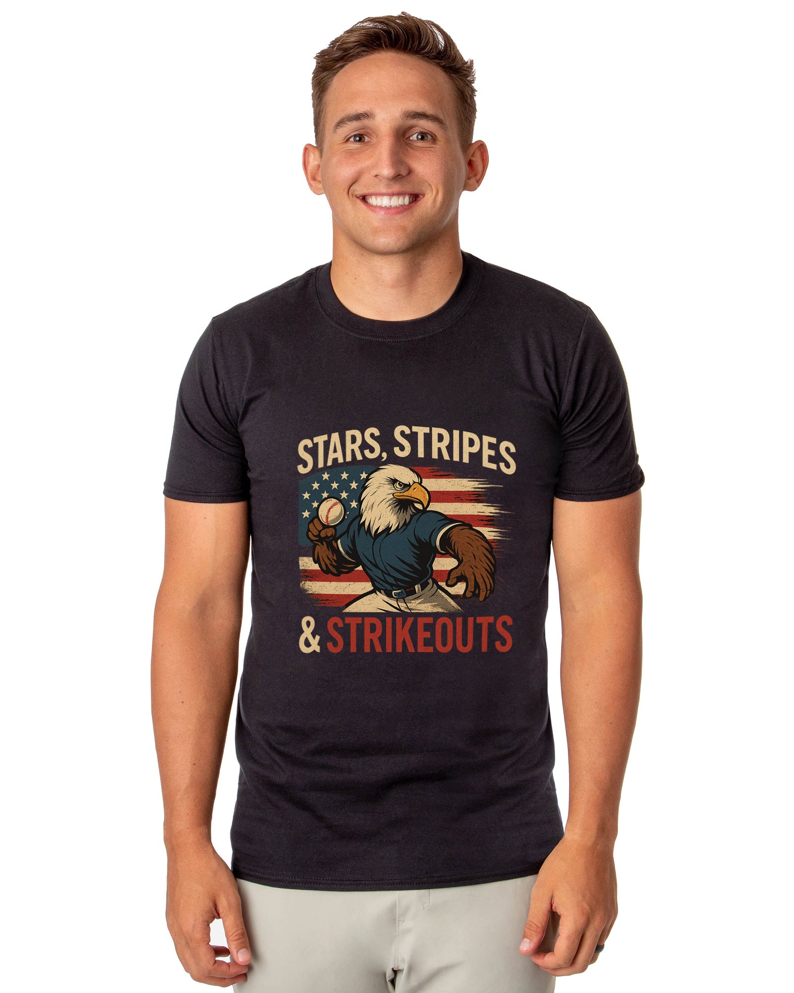 Men's 4th of July Stars Stripes and Strikeouts Patriotic Funny T-Shirt