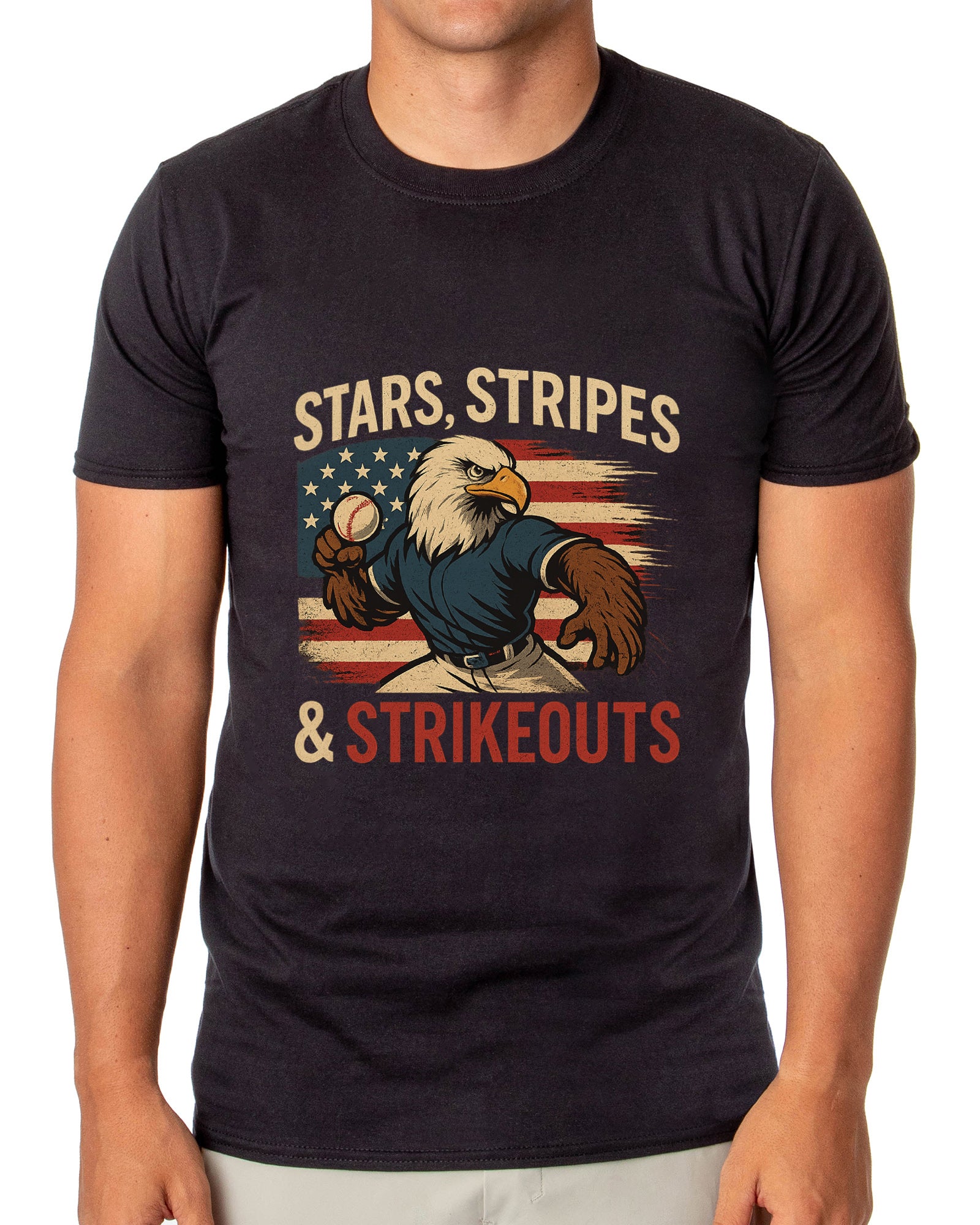 Men's 4th of July Stars Stripes and Strikeouts Patriotic Funny T-Shirt