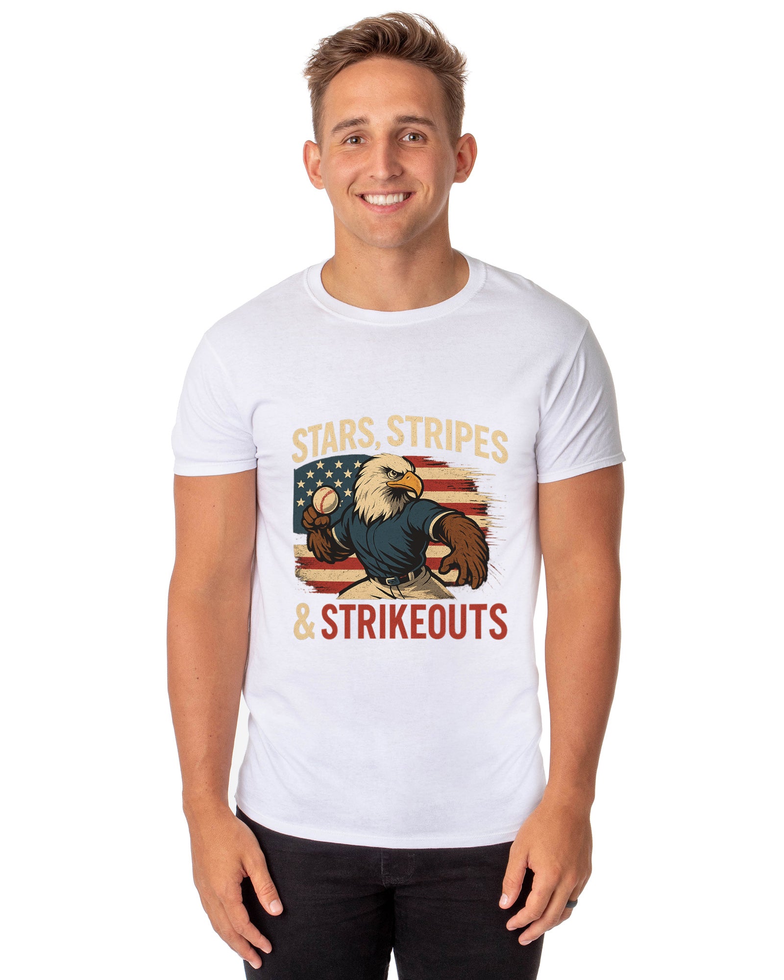 Men's 4th of July Stars Stripes and Strikeouts Patriotic Funny T-Shirt