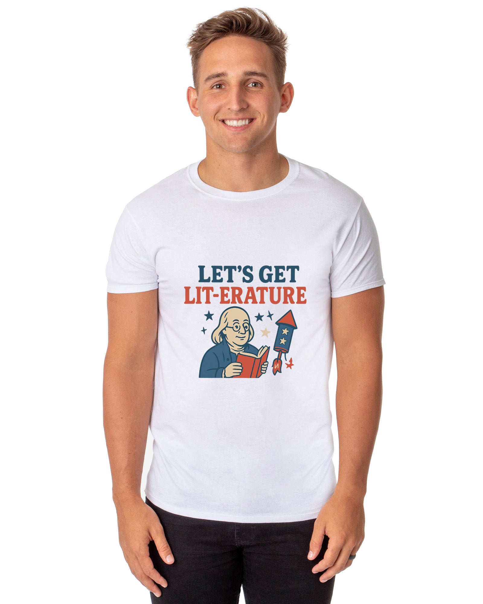 Men's 4th of July Let's Get Lit- Erature America Patriotic Funny T-Shirt