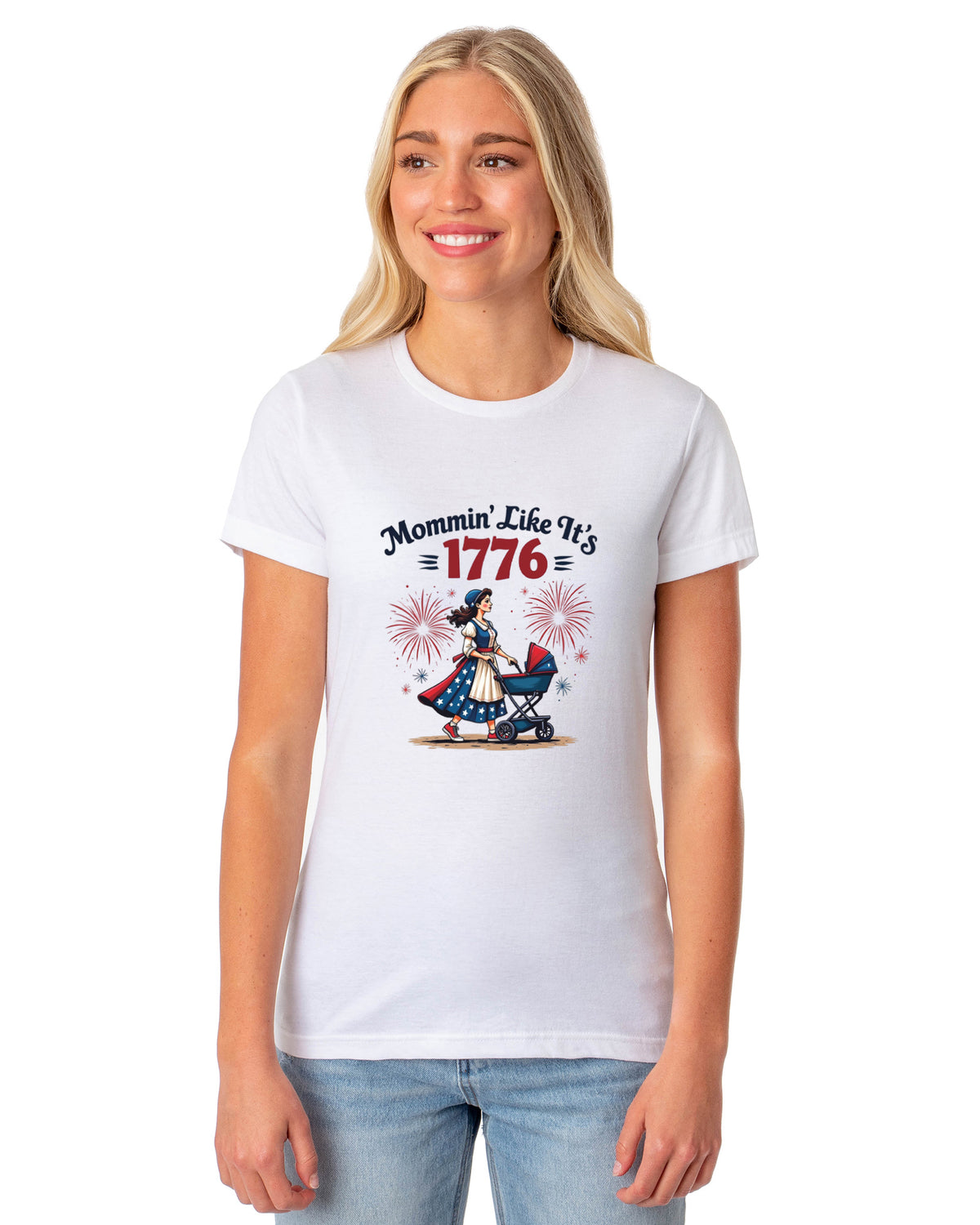 American Inspired T-Shirt Women's Mommin' Like It's 1776 Adult Patriotic Tee (White, 2X-Large)
