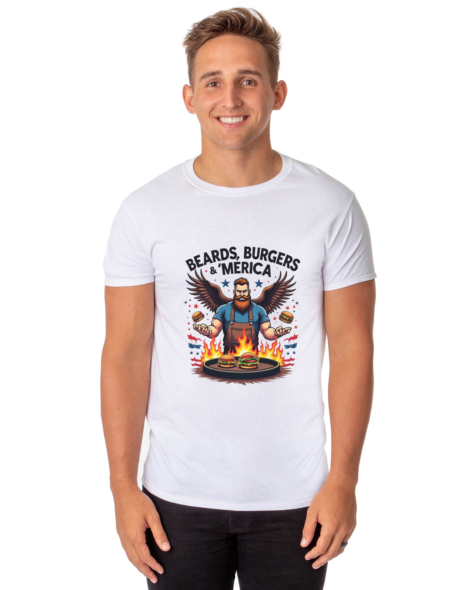 Fourth Of July Men's Beards, Burgers & 'Merica Dad BBQ Funny T-Shirt