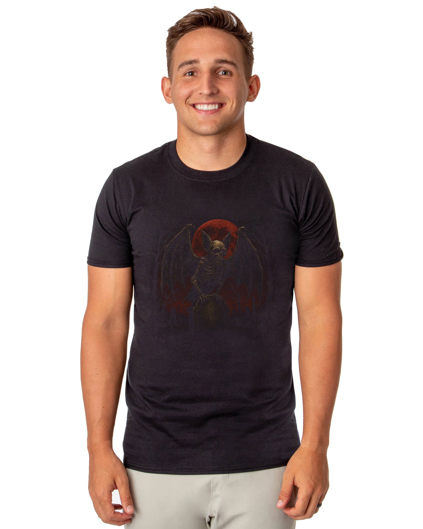 PJammy Halloween T-Shirt Men's Gothic Skeleton Bat and Red Moon