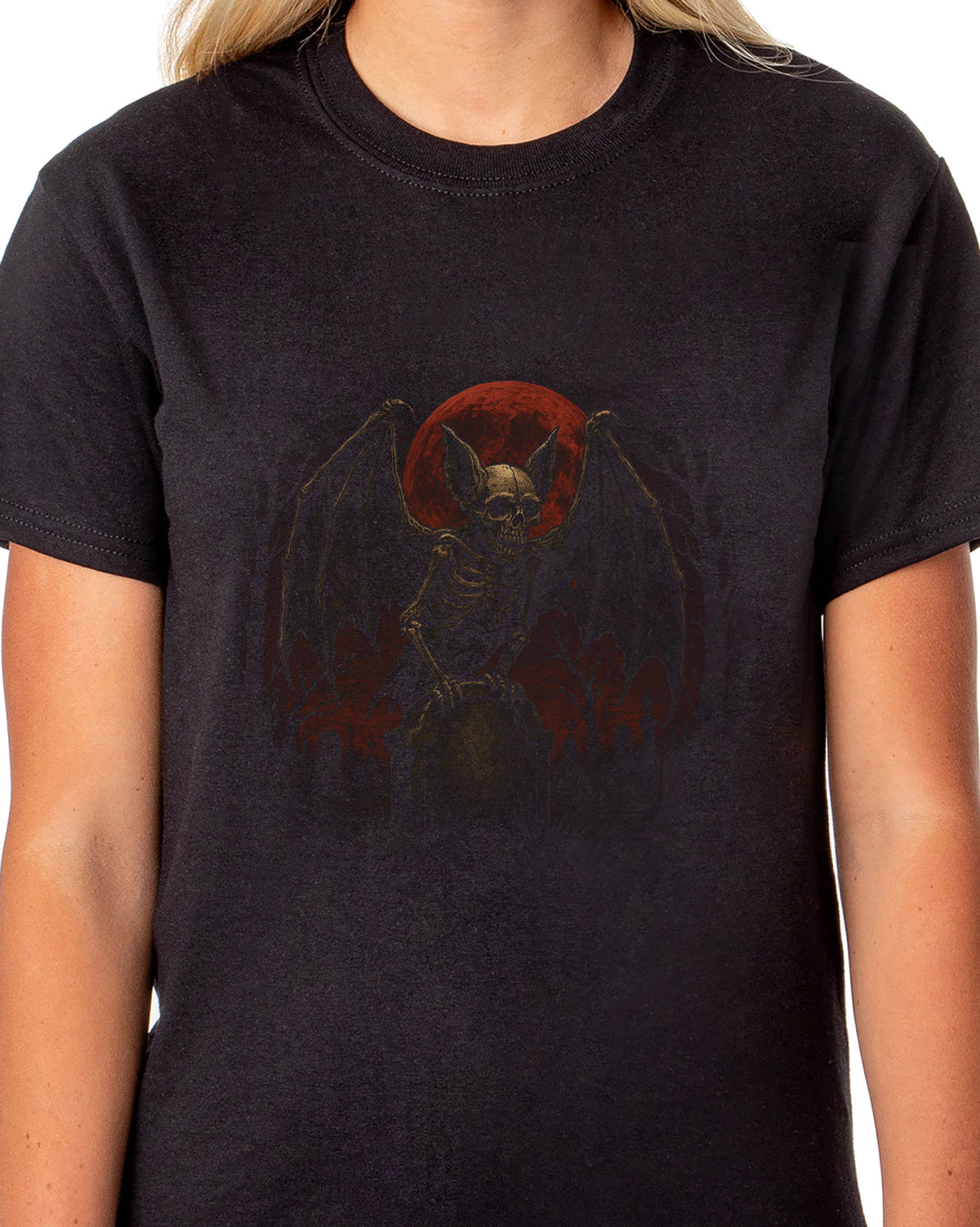 PJammy Halloween T-Shirt Women's Skeleton Bat Red Moon Short Sleeve Tee