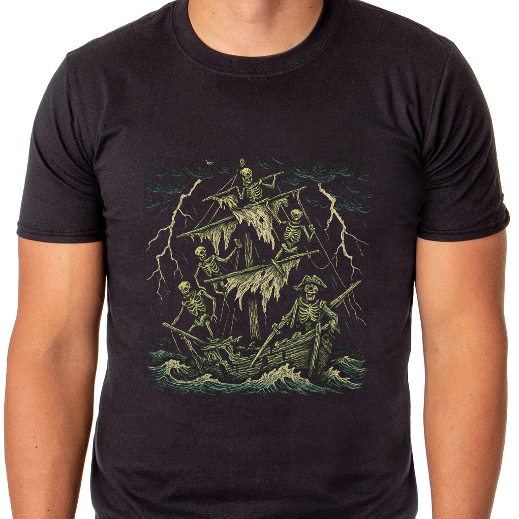 PJammy Halloween T-Shirt Men's Pirate Ship Skeletons Short Sleeve Tee