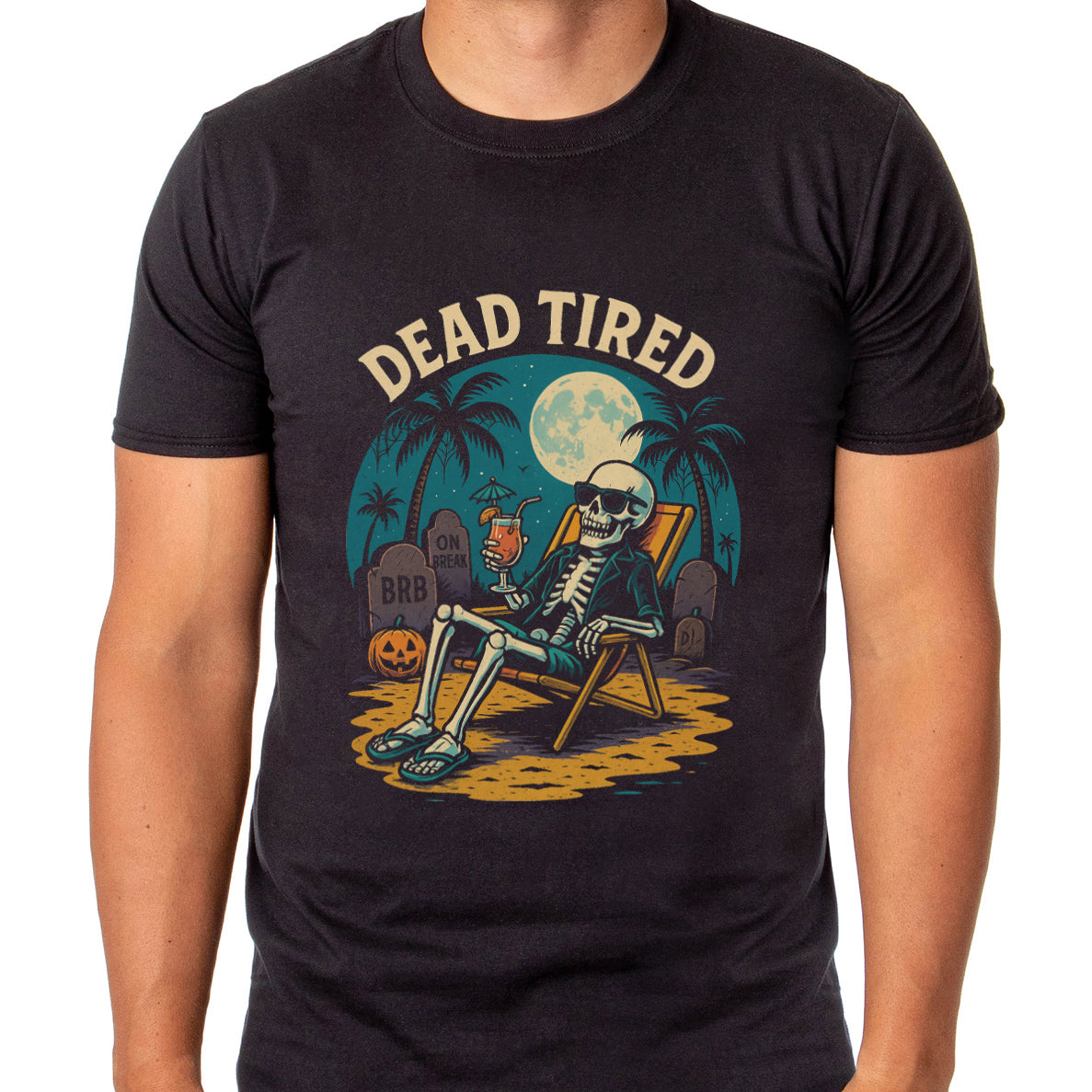 PJammy Dead Tired Skeleton Halloween Mens Beach Graphic T-Shirt