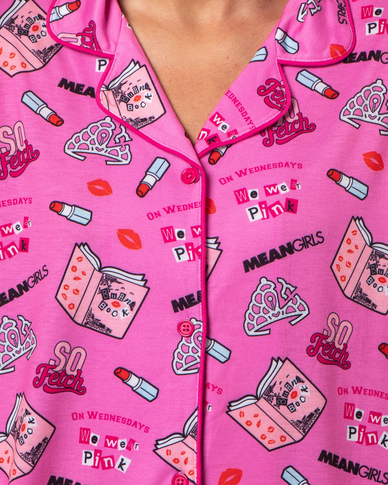 Mean Girls Women's Tossed Sleep Collared Button Down Long-Sleeve Pajama Set