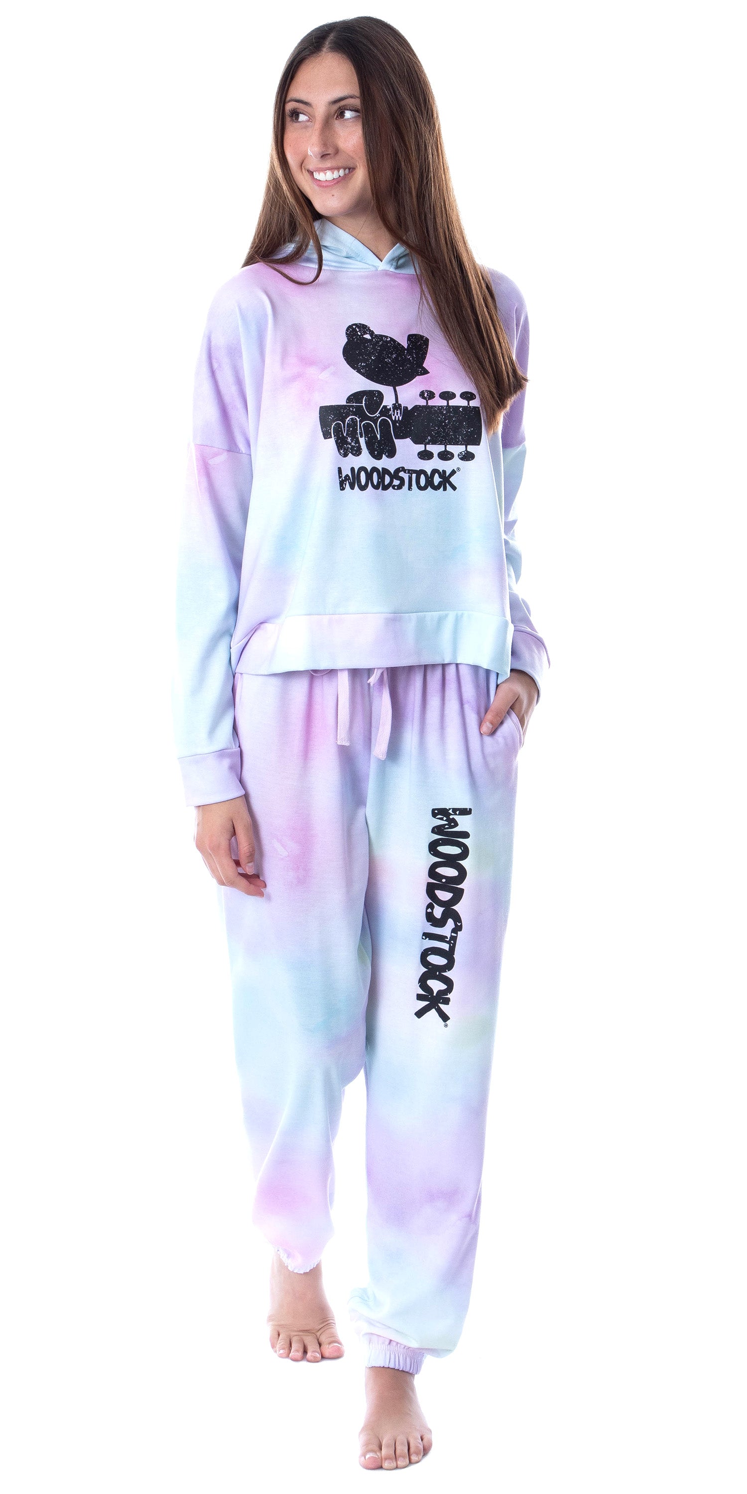 Woodstock Classic Logo Tie Dye Womens' Pajama Cropped Hooded Jogger Set