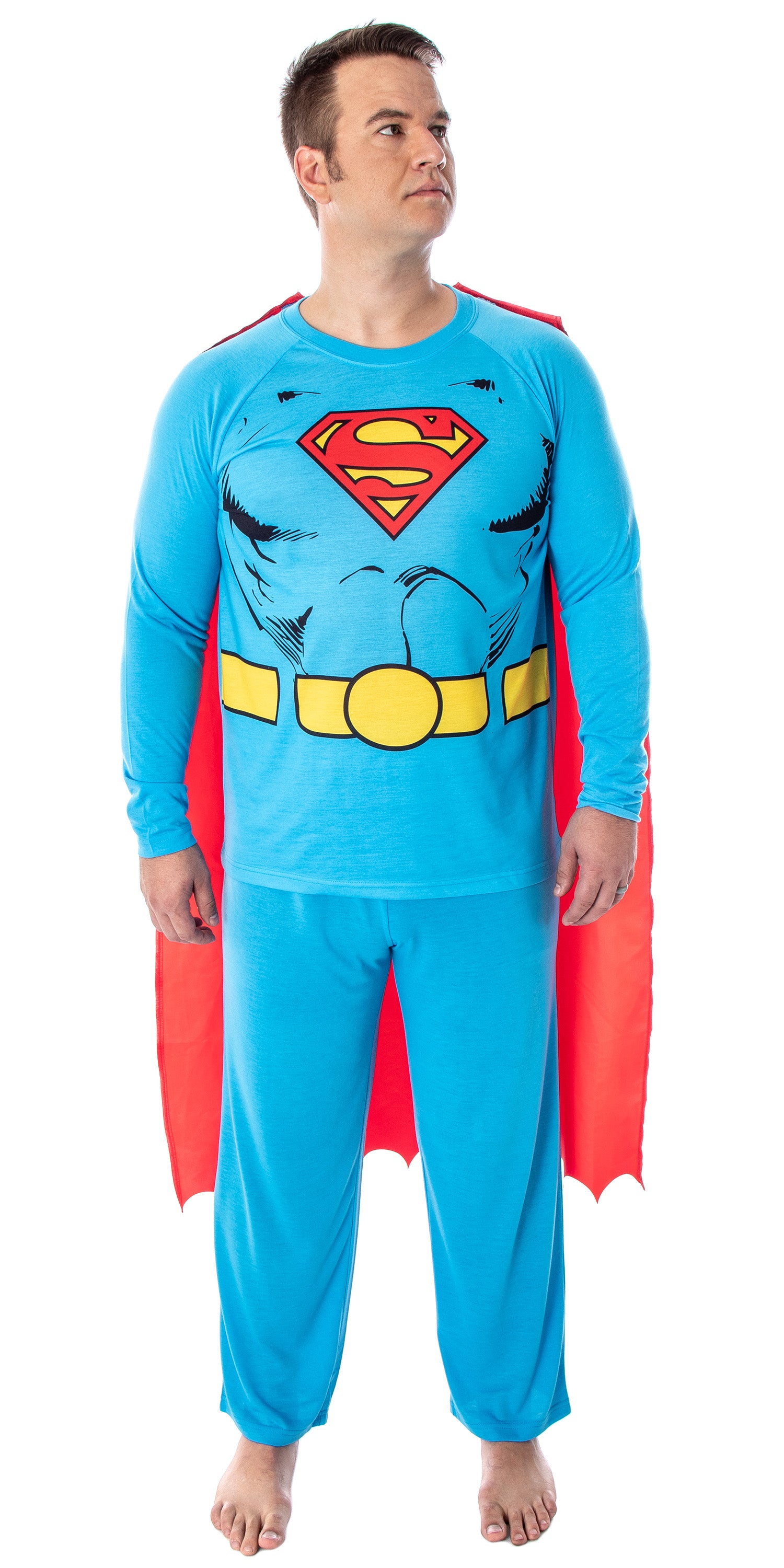 DC Comics Men's Superman Costume Raglan Shirt And Pants Pajama Set with Cape