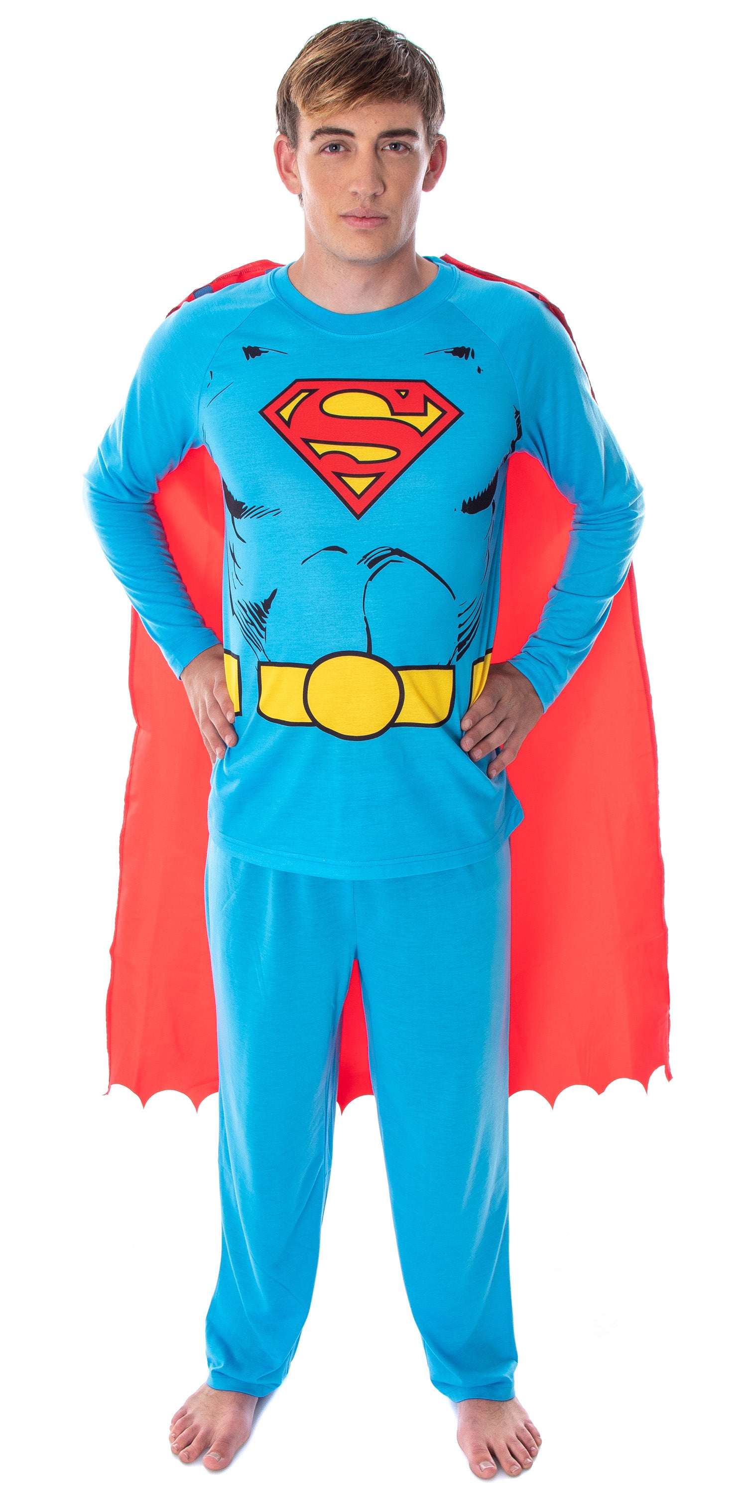 DC Comics Men's Superman Costume Raglan Shirt And Pants Pajama Set with Cape