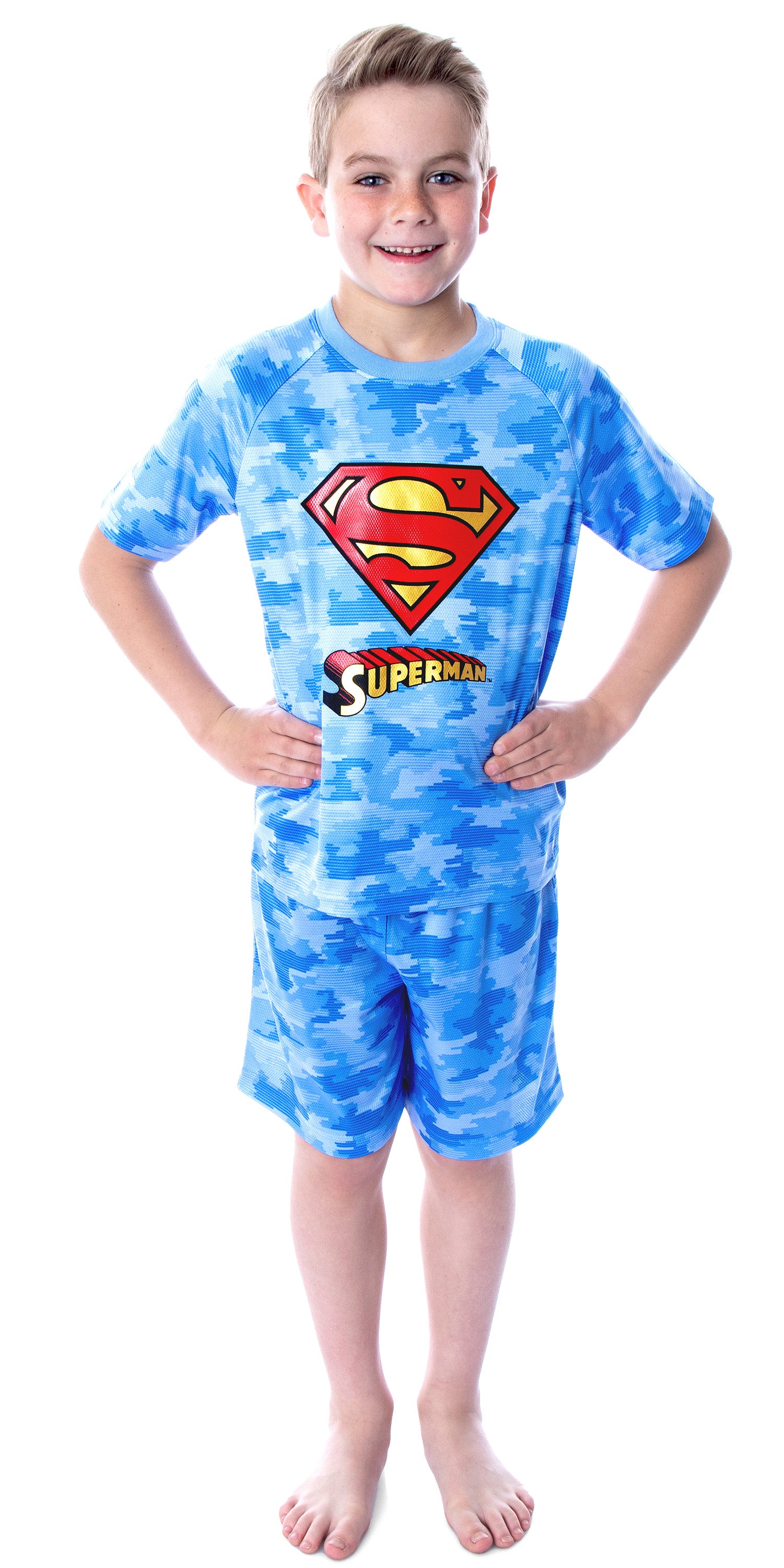 DC Comics Boys' Justice League Superman Digital Camo 2 Piece Shirt and Shorts Superhero Pajama Set (14/16)