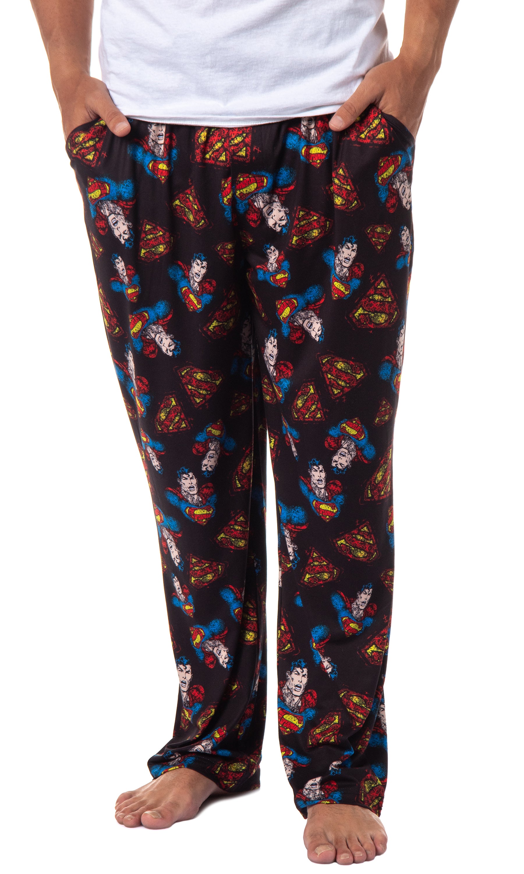 DC Comics Mens' Distressed Classic Superman All Over Pajama Sleep Pants (Large)