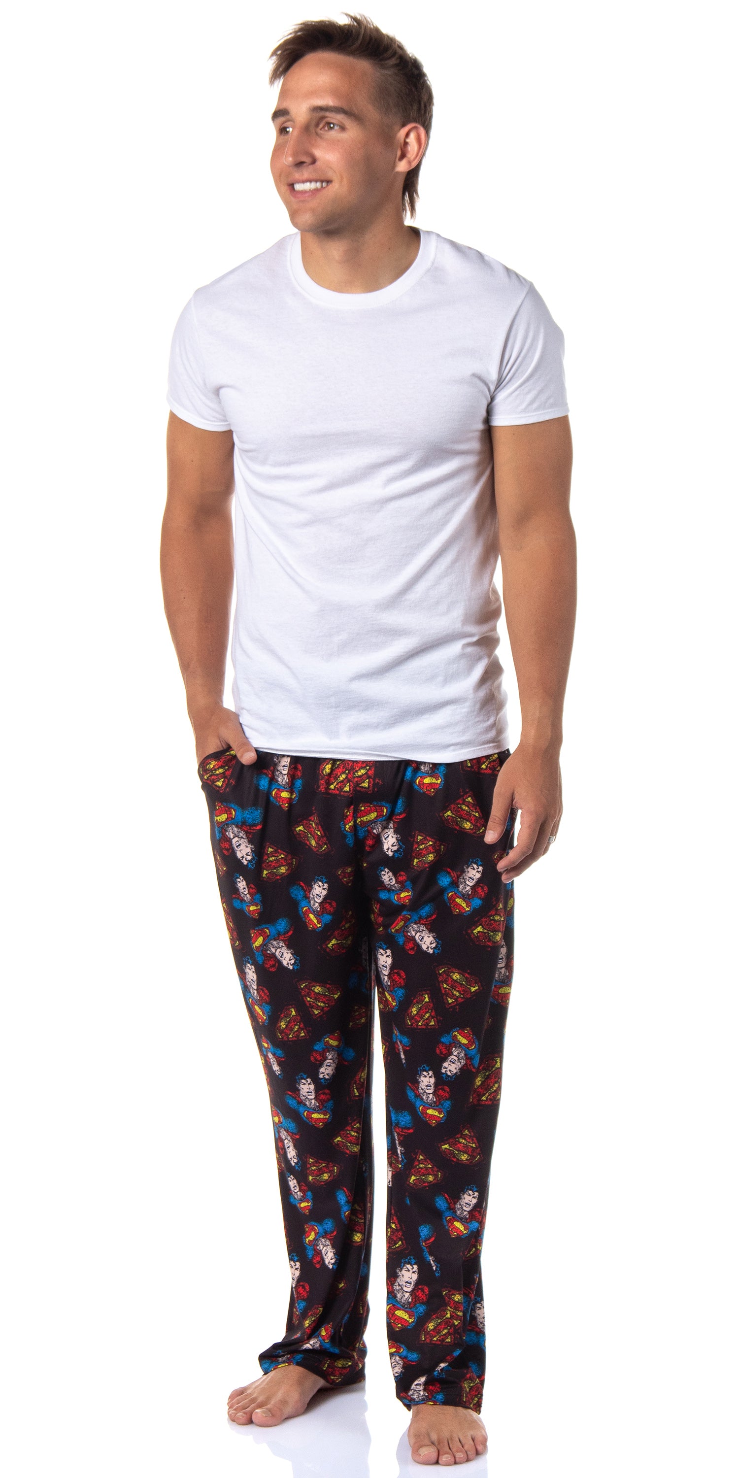 DC Comics Mens' Distressed Classic Superman All Over Pajama Sleep Pants (Large)