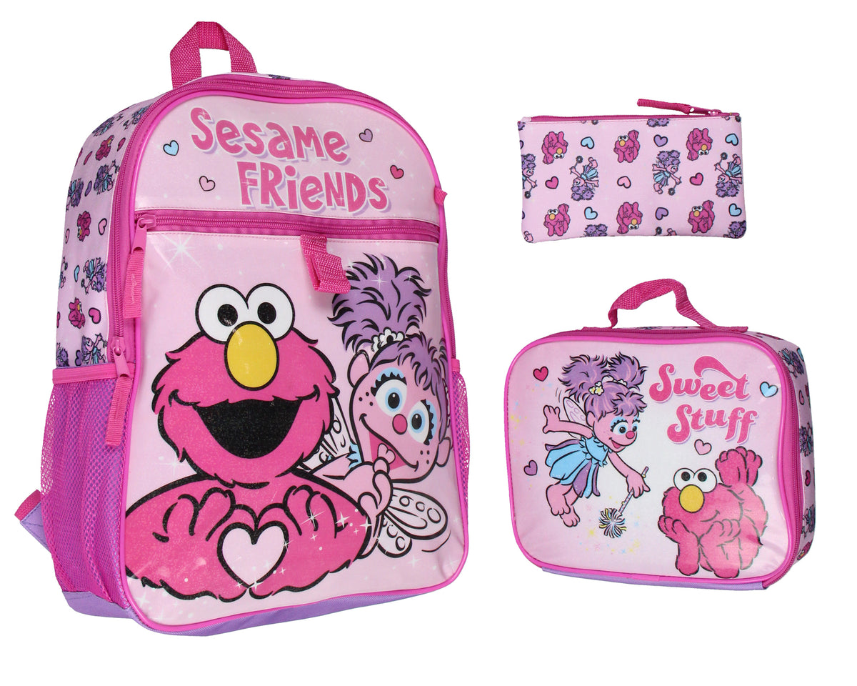 Sesame Street Friends Elmo Abby Cadabby 3 PC Backpack Lunch Box Pencil Pouch 16"