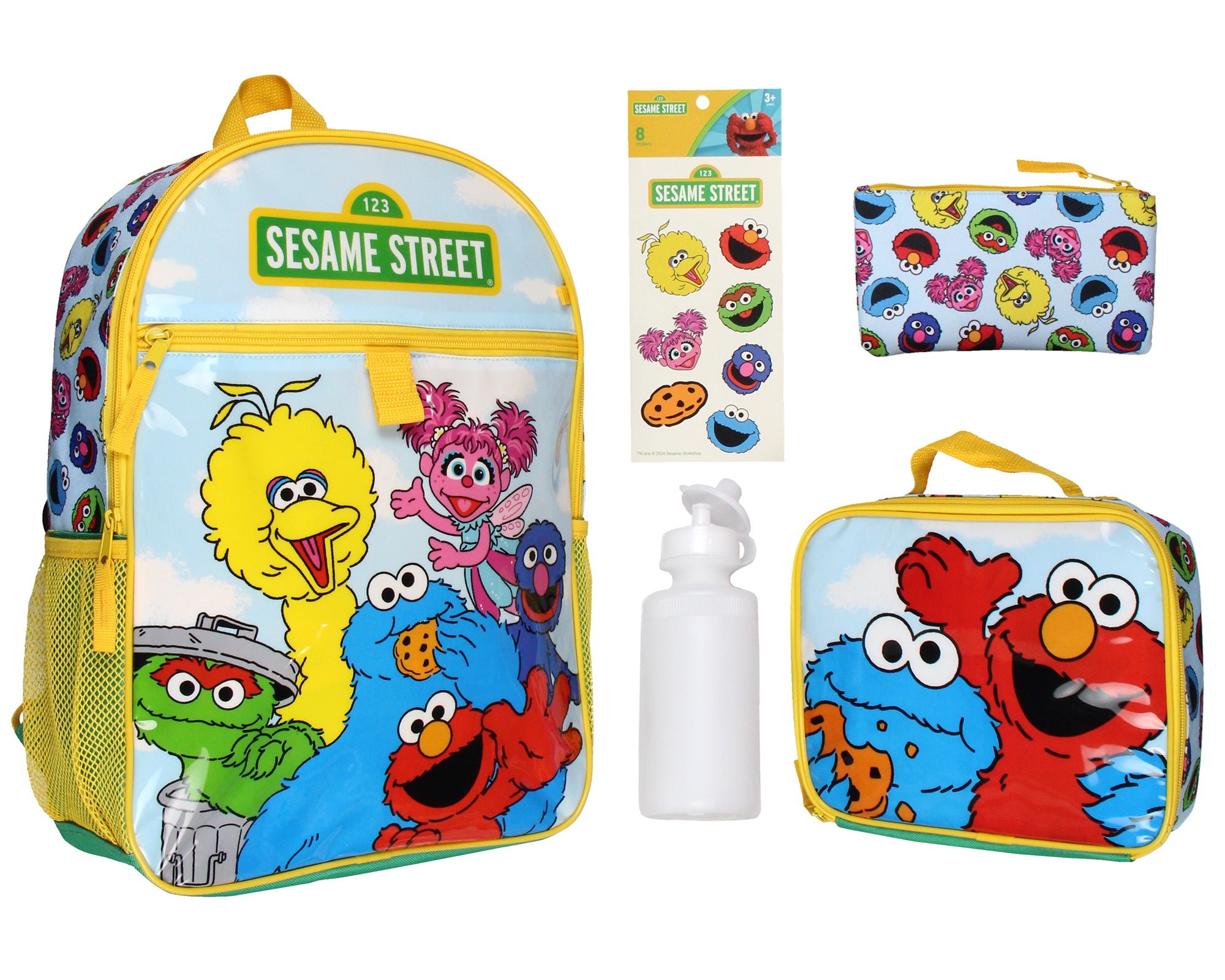 Sesame Street 5 PC Backpack Lunch Box Pencil Pouch Waterbottle Stickers 16"