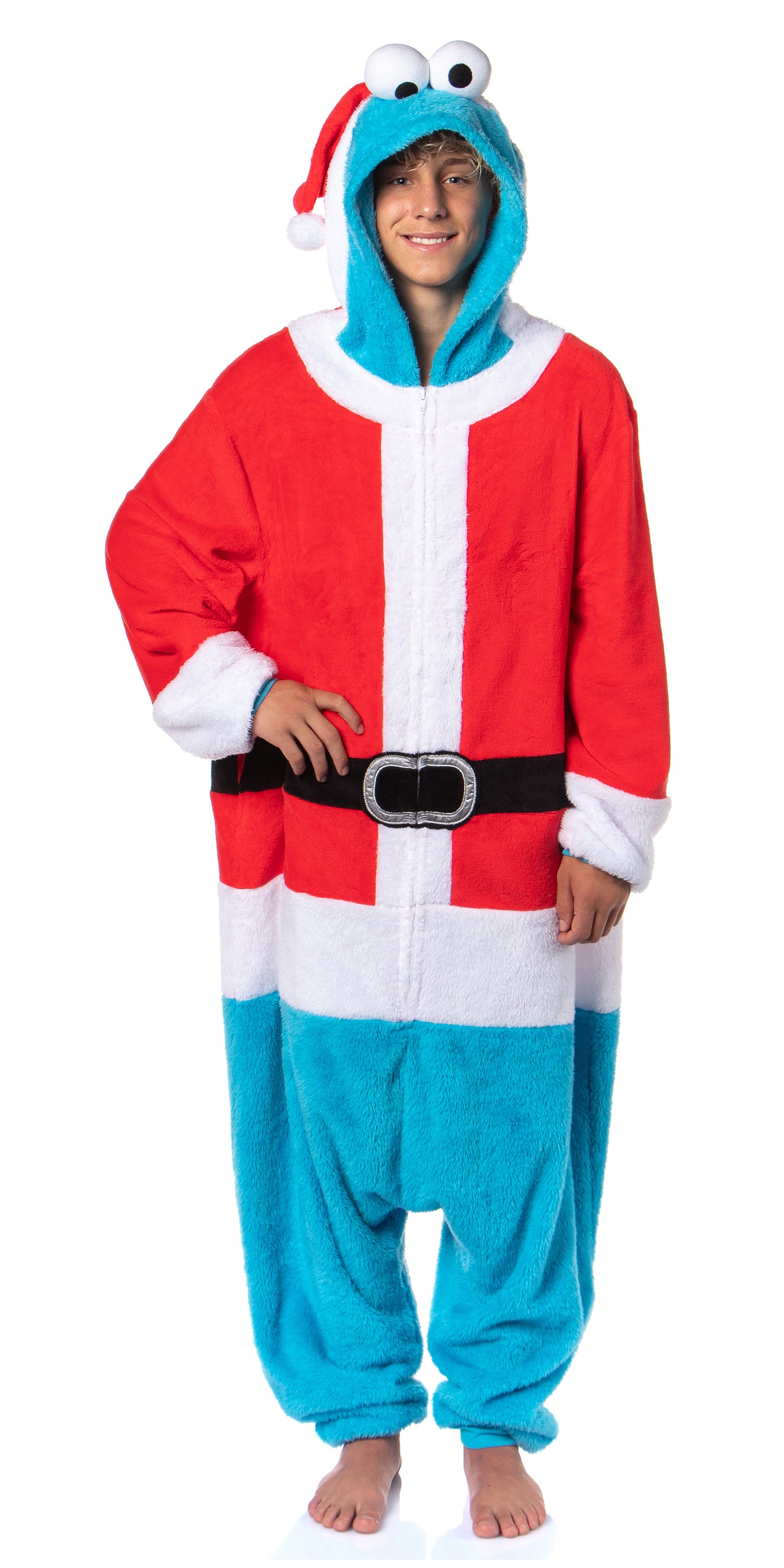 Sesame Street Adult Santa Cookie Monster Hooded Costume Fleece Pajama Kigurumi Union Suit