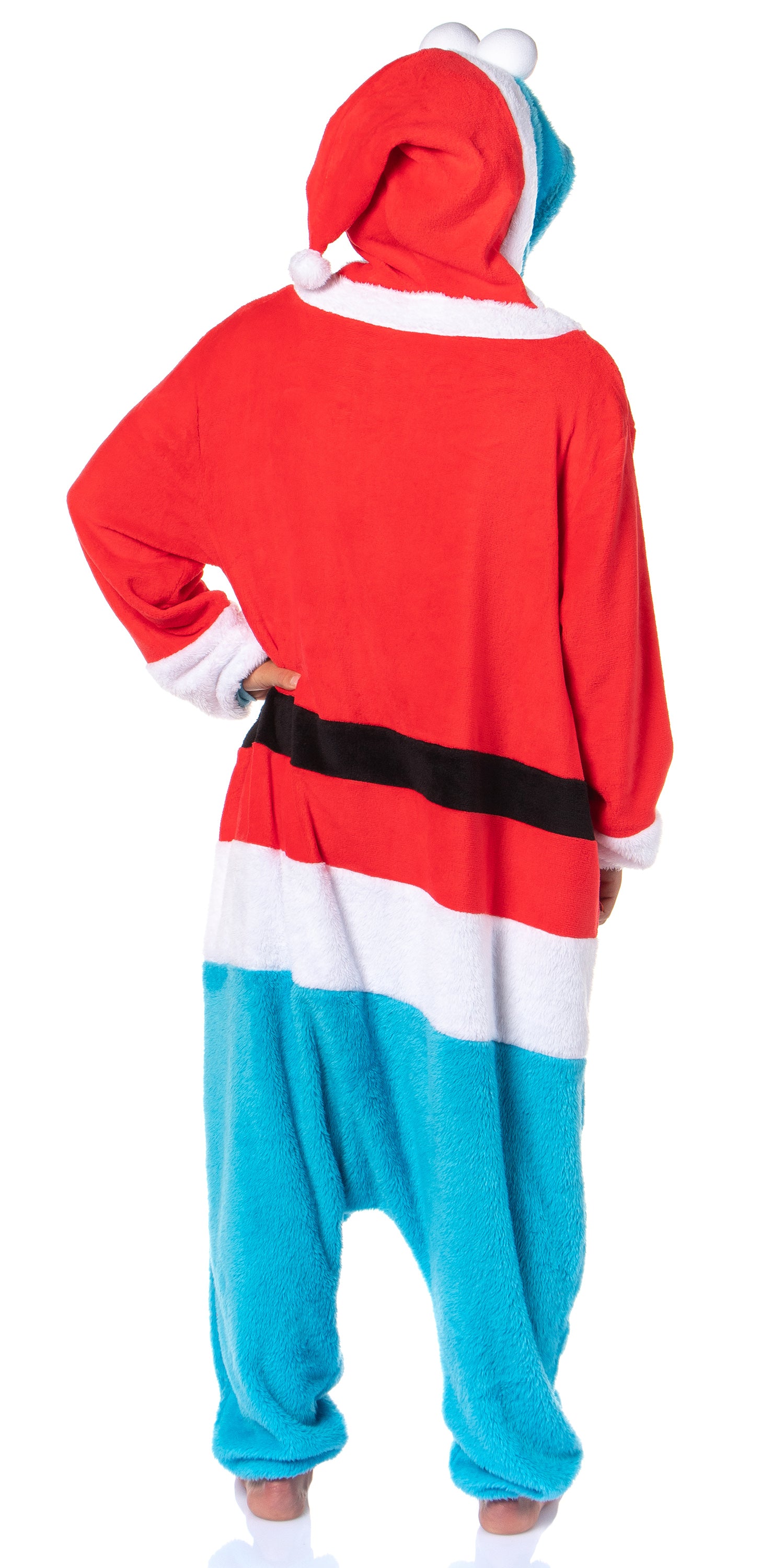 Sesame Street Adult Santa Cookie Monster Hooded Costume Fleece Pajama Kigurumi Union Suit