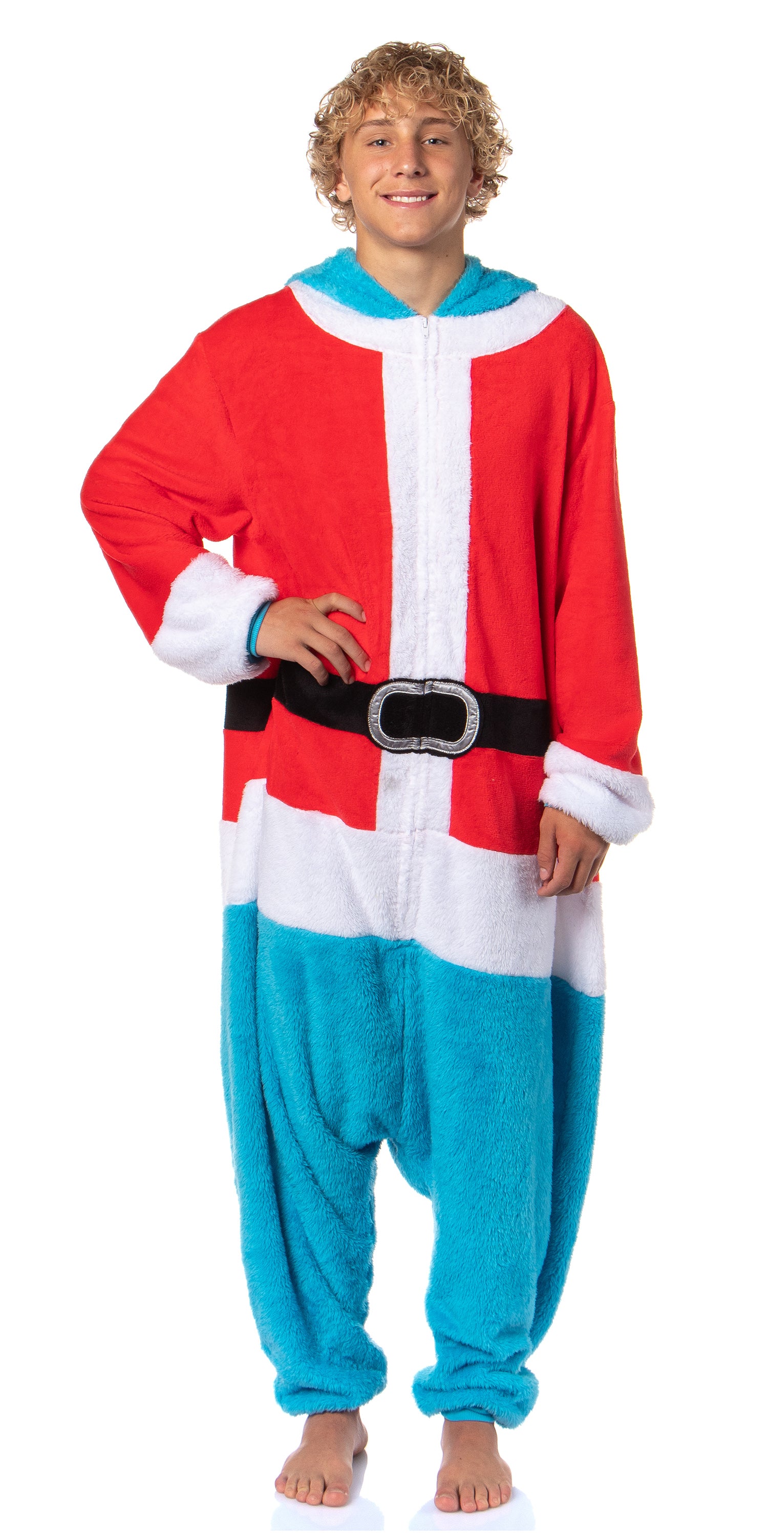 Sesame Street Adult Santa Cookie Monster Hooded Costume Fleece Pajama Kigurumi Union Suit