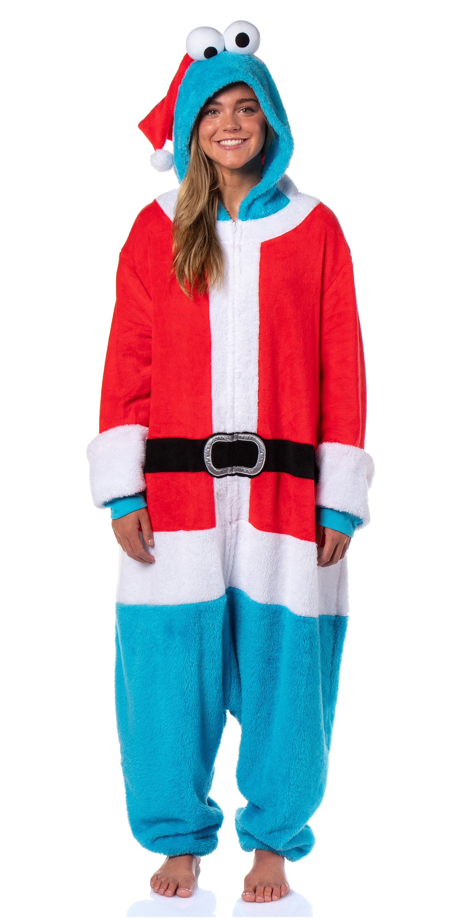 Sesame Street Adult Santa Cookie Monster Hooded Costume Fleece Pajama Kigurumi Union Suit