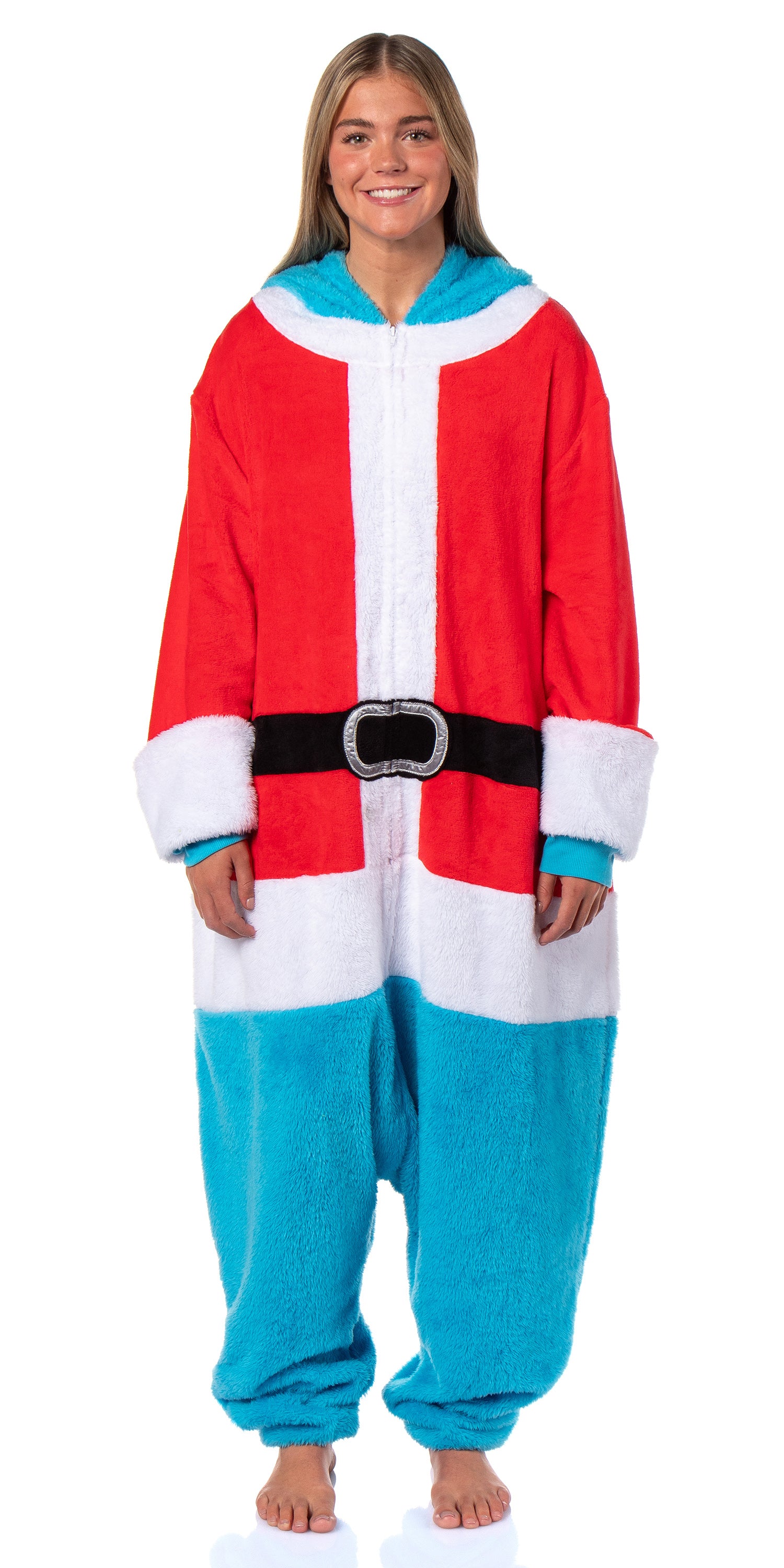 Sesame Street Adult Santa Cookie Monster Hooded Costume Fleece Pajama Kigurumi Union Suit