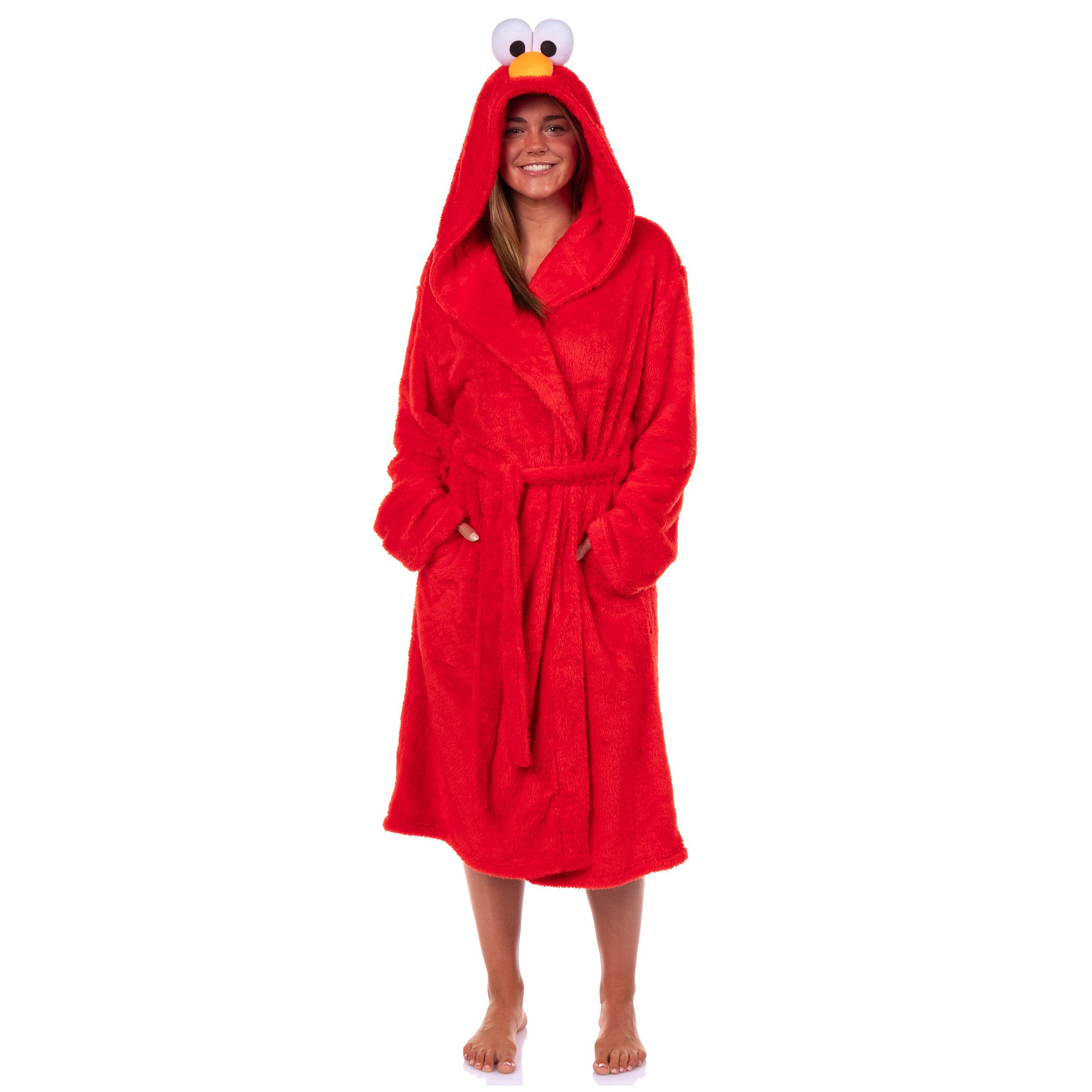Sesame Street Robe Adult Elmo Faux Fur Hooded Bathrobe