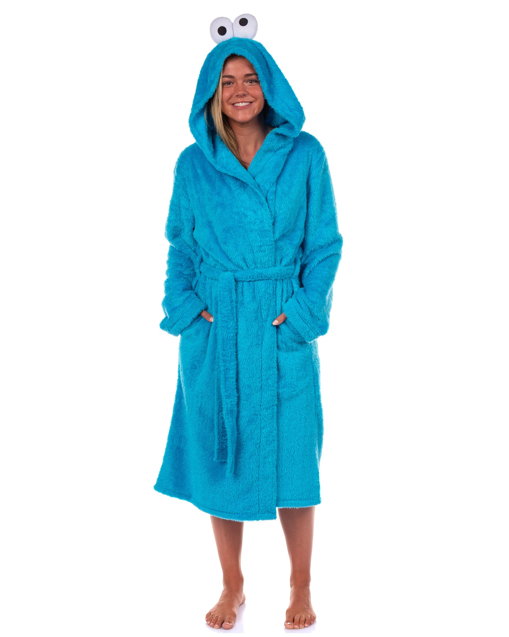 Sesame Street Robe Cookie Monster Adult Faux Fur Hooded Bathrobe