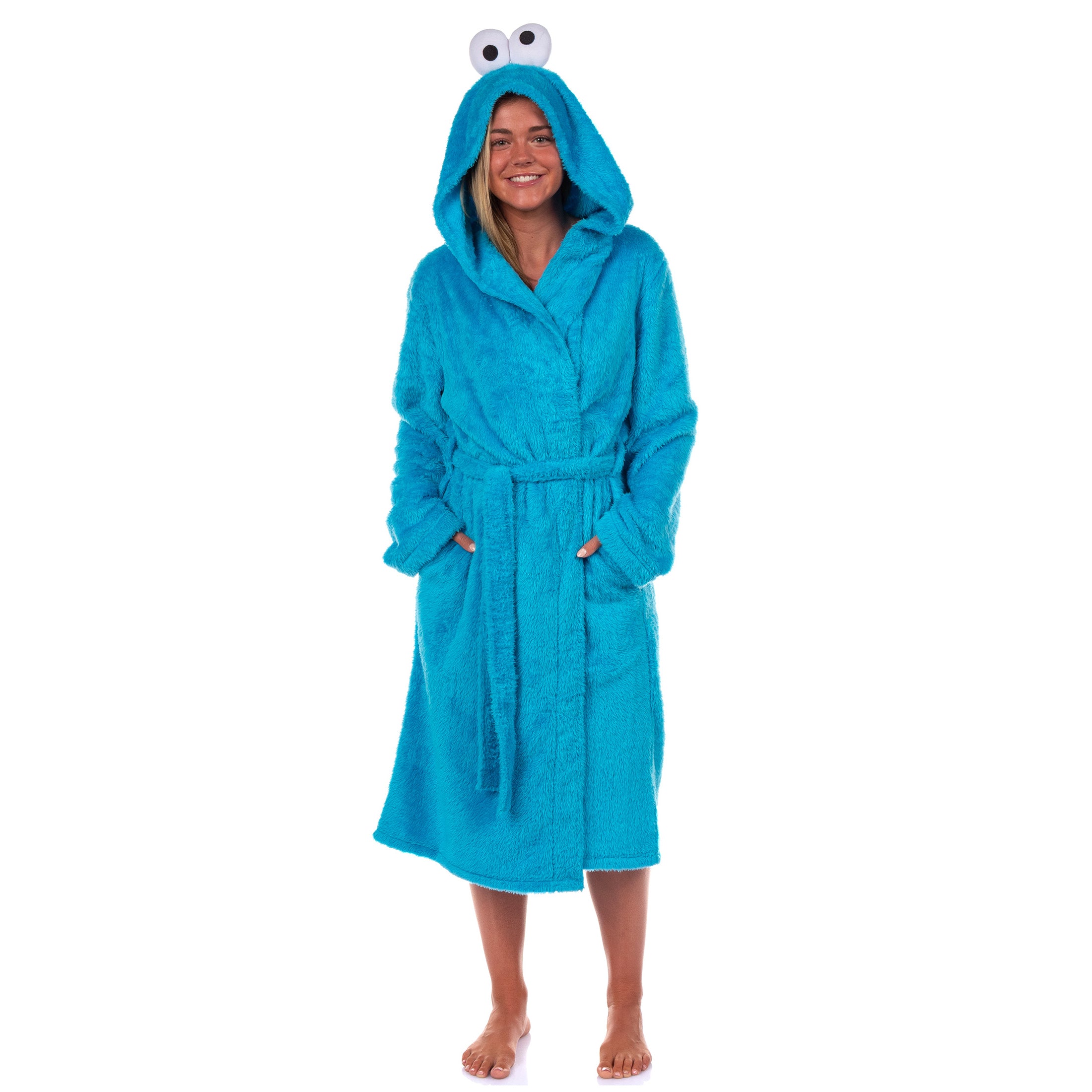 Sesame Street Robe Cookie Monster Adult Faux Fur Hooded Bathrobe