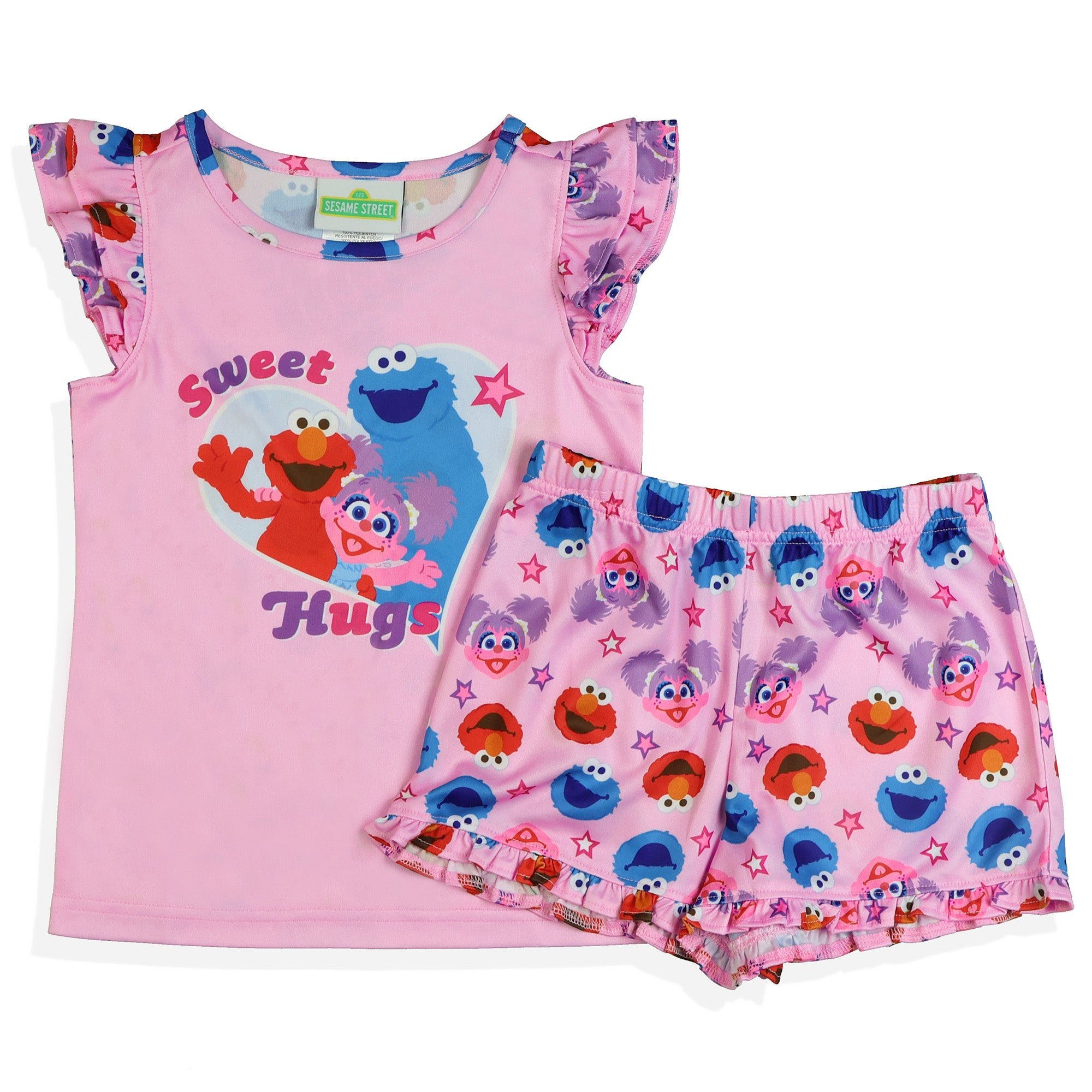 Sesame Street Pajamas Toddler Girls Sweet Hugs Ruffled Short Sleep Set (3T)