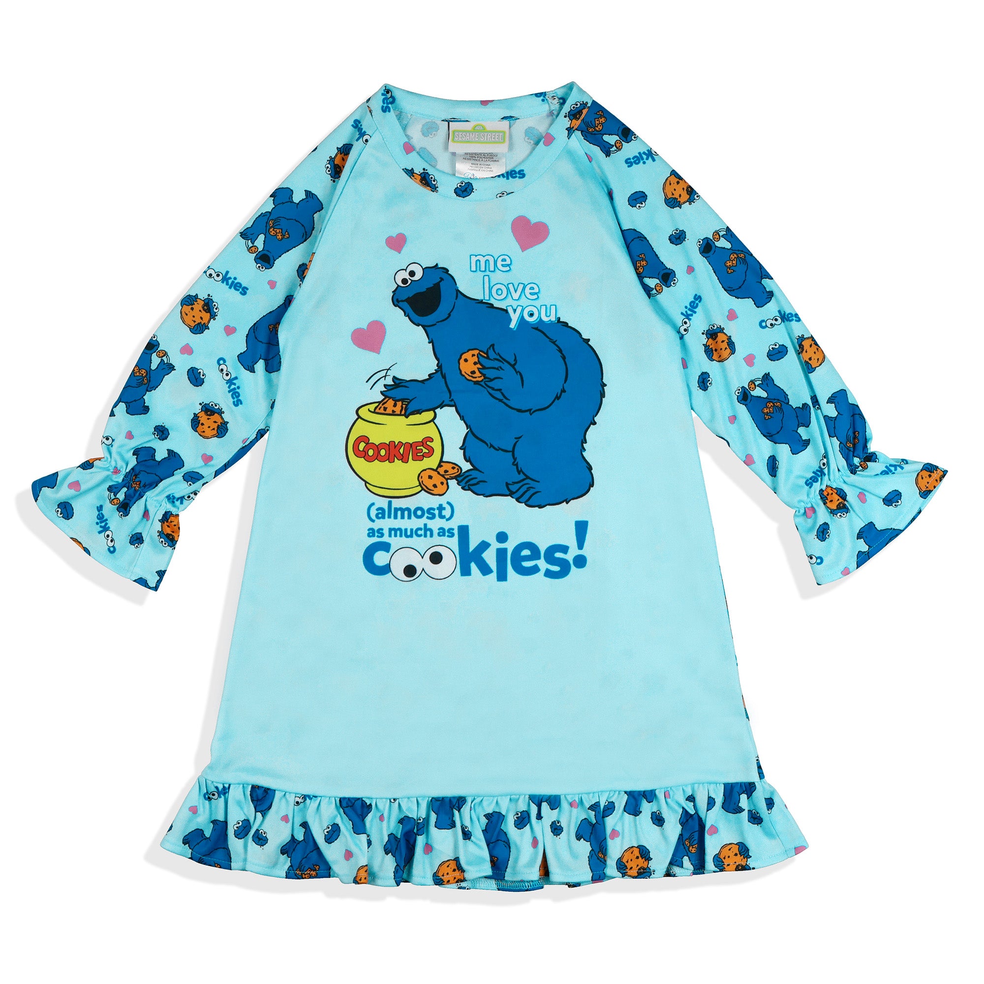 Sesame Street Nightgown Toddler Girls Me Love You Raglan Ruffle Sleep Dress (3T)