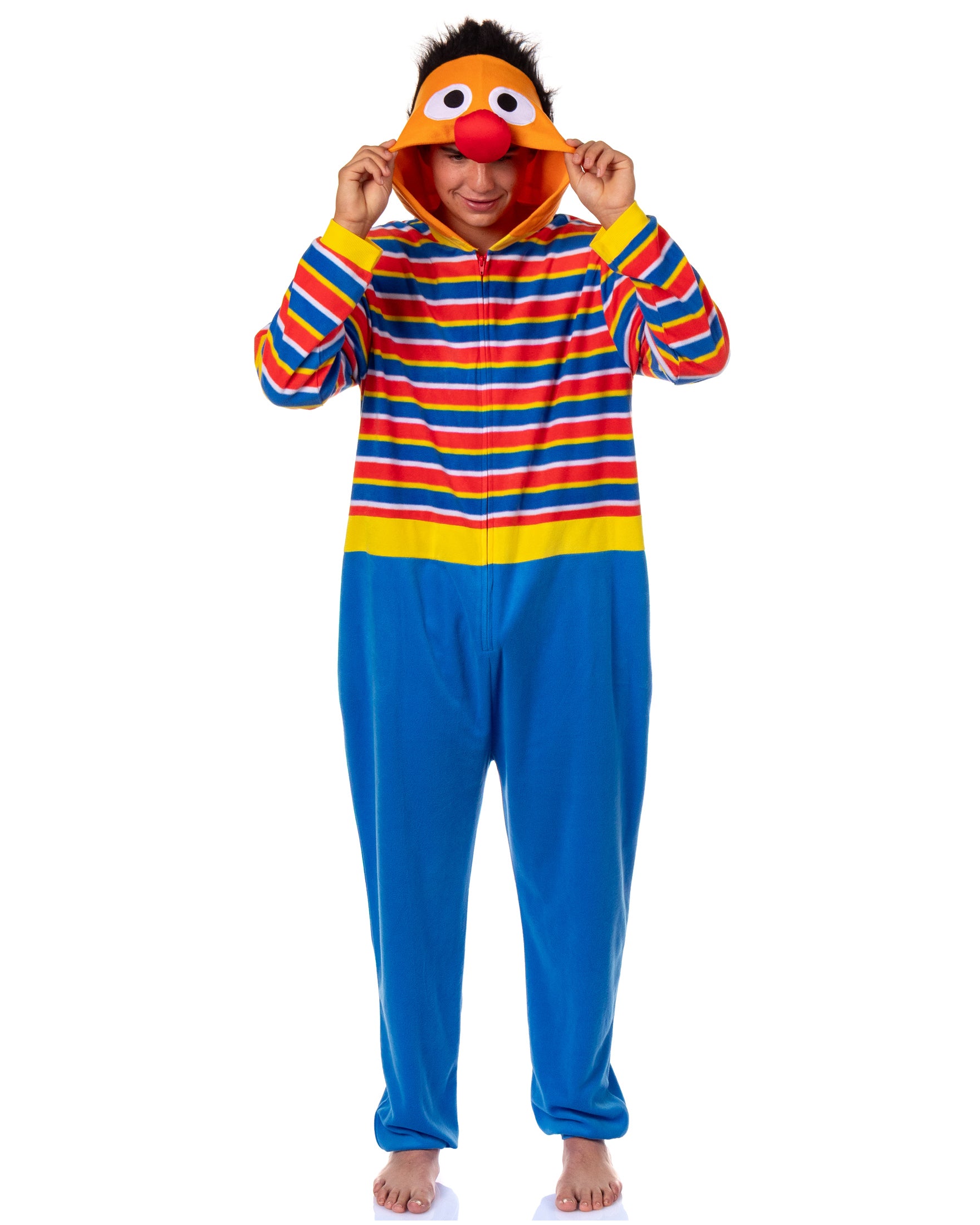 Sesame Street Union Suit Ernie Adult Hooded Costume One Piece Pajama (2XL/3XL)