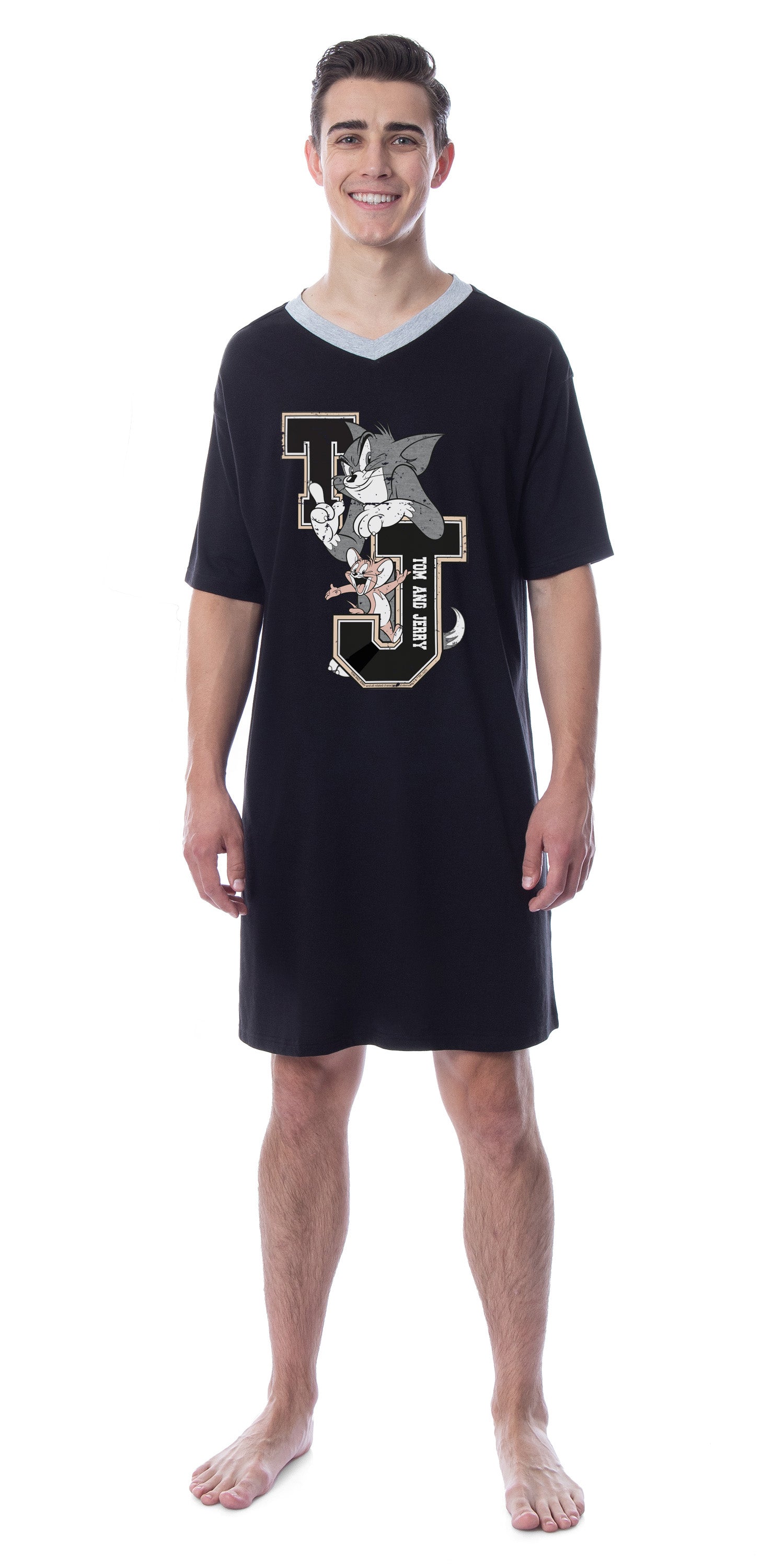 Tom And Jerry Mens' Classic Distressed Nightgown Sleep Pajama Shirt
