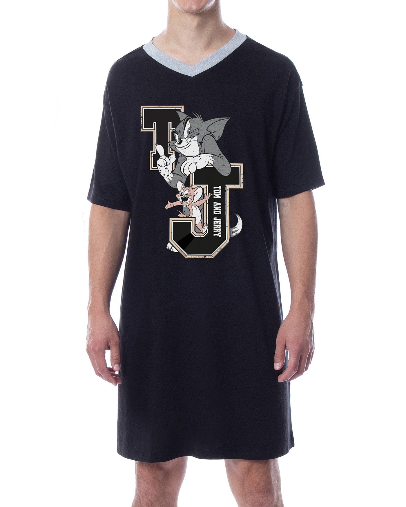 Tom And Jerry Mens' Classic Distressed Nightgown Sleep Pajama Shirt